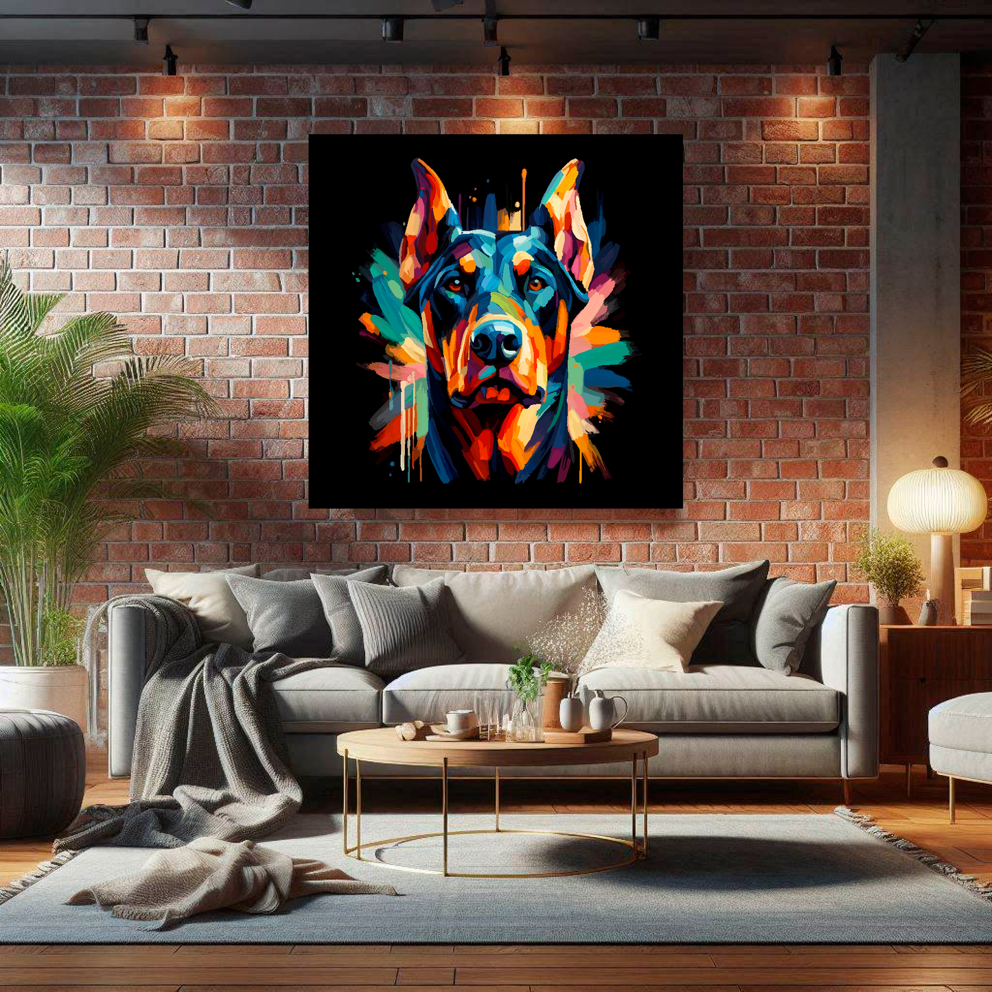 Large canvas wall art - A vibrant multi-coloured head portrait of a Doberman Pinscher. Available in 3 large sizes.