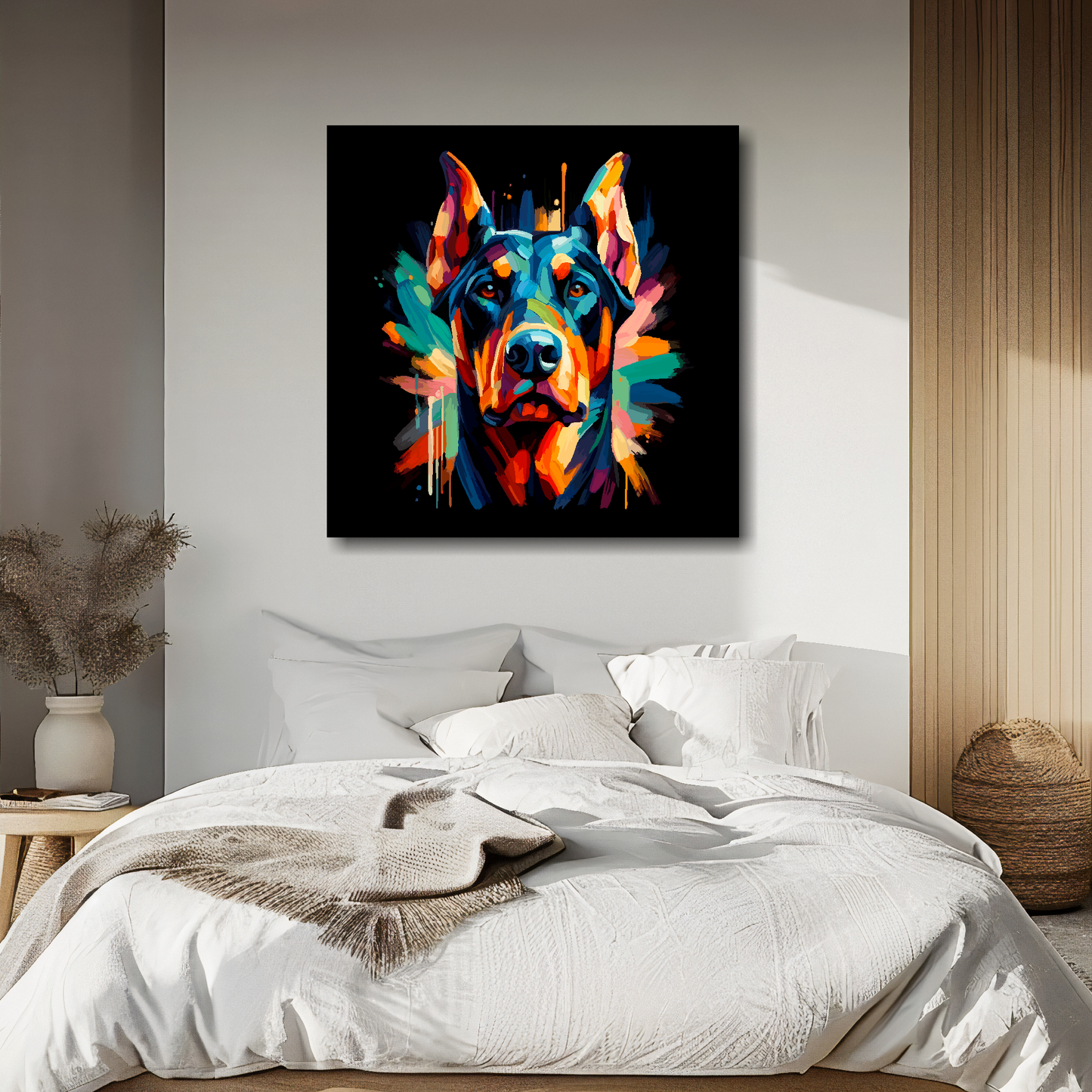 Large canvas wall art - A vibrant multi-coloured head portrait of a Doberman Pinscher. Available in 3 large sizes.