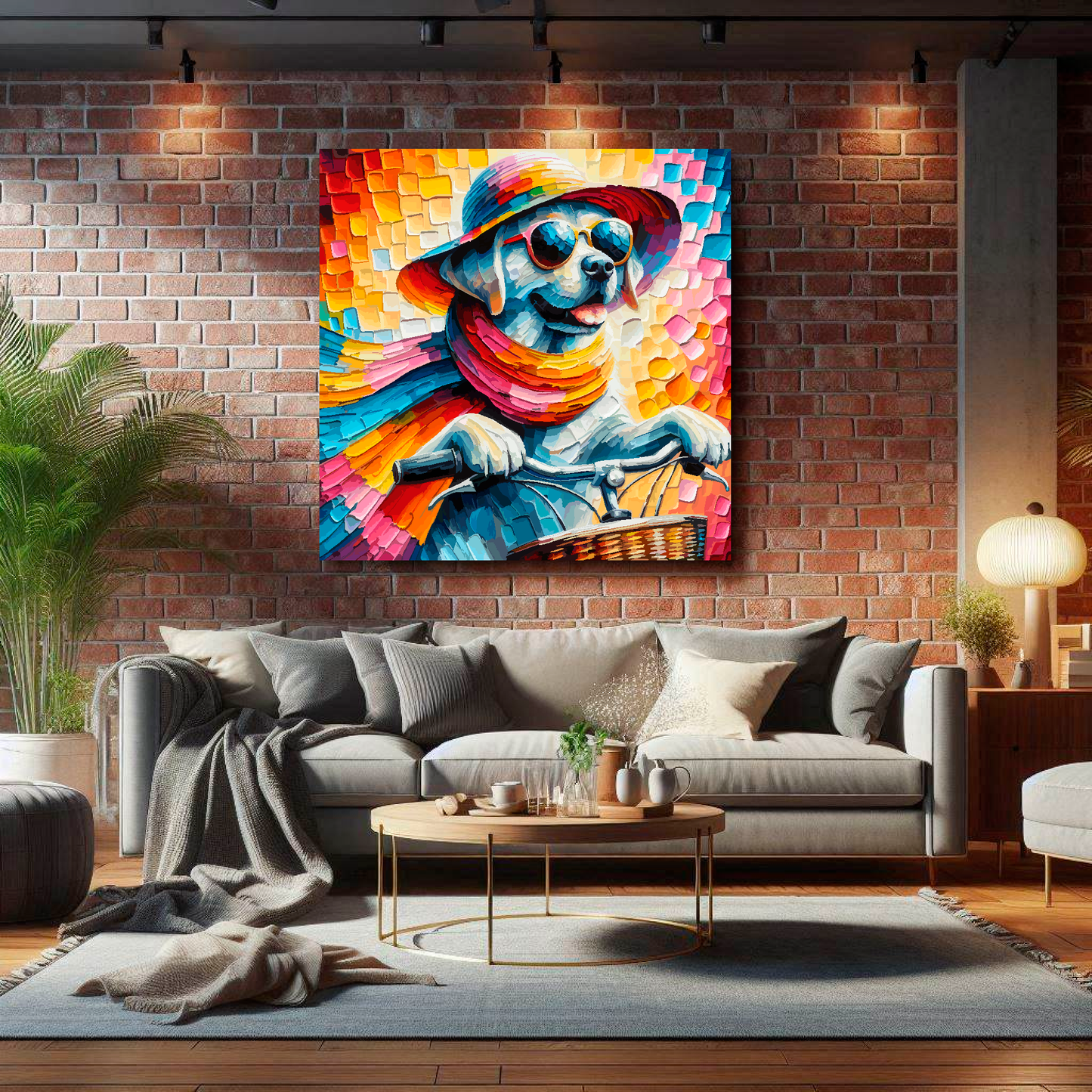 Large square canvas featuring a vibrant multi-coloured Labrador riding a bicycle. Mounted on a brick wall above a grey sofa with decorative pillows.