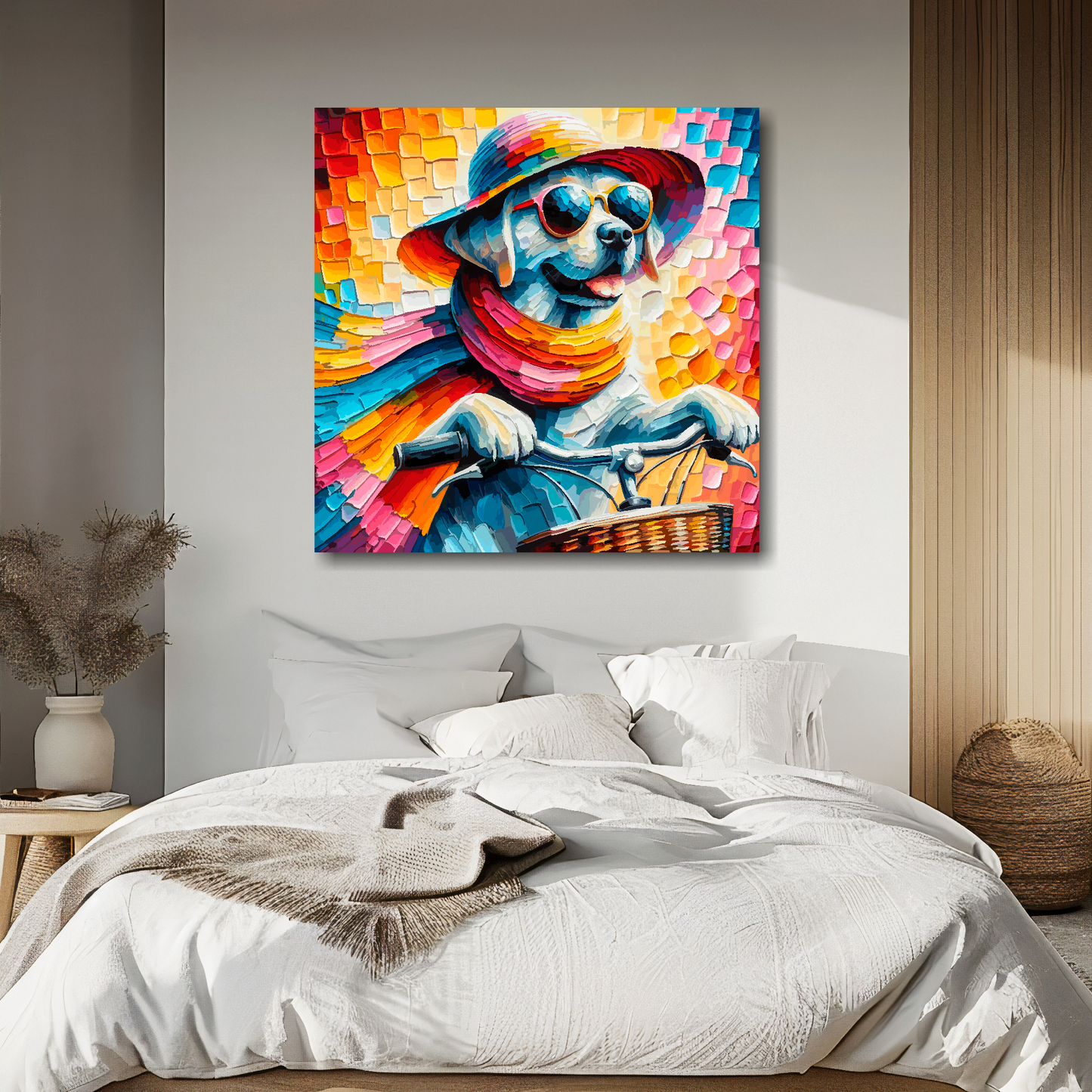 XL square canvas featuring a vibrant multi-coloured Labrador riding a bicycle. Mounted on a white wall above a double bed.