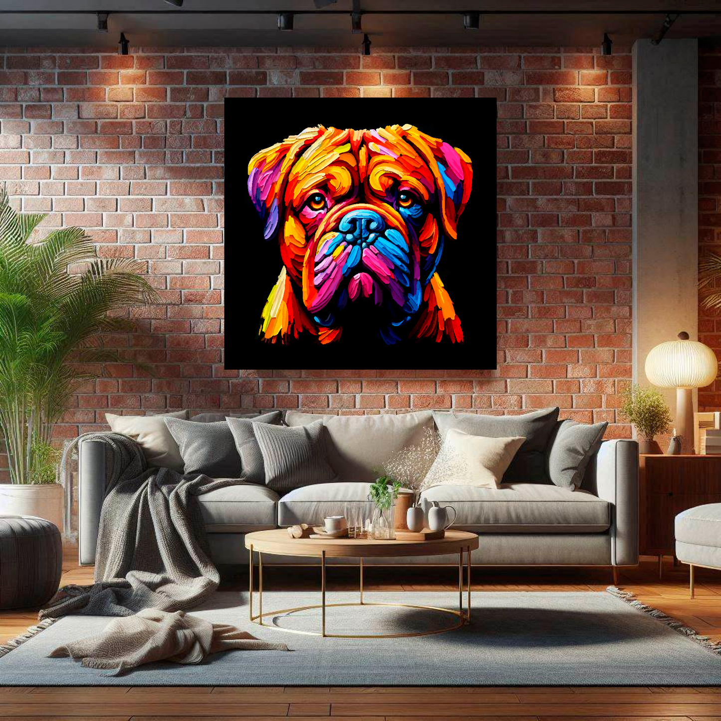 Large canvas wall art - A vibrant multi-coloured head portrait of a Dogue De Bordeaux. Available in 3 large sizes.