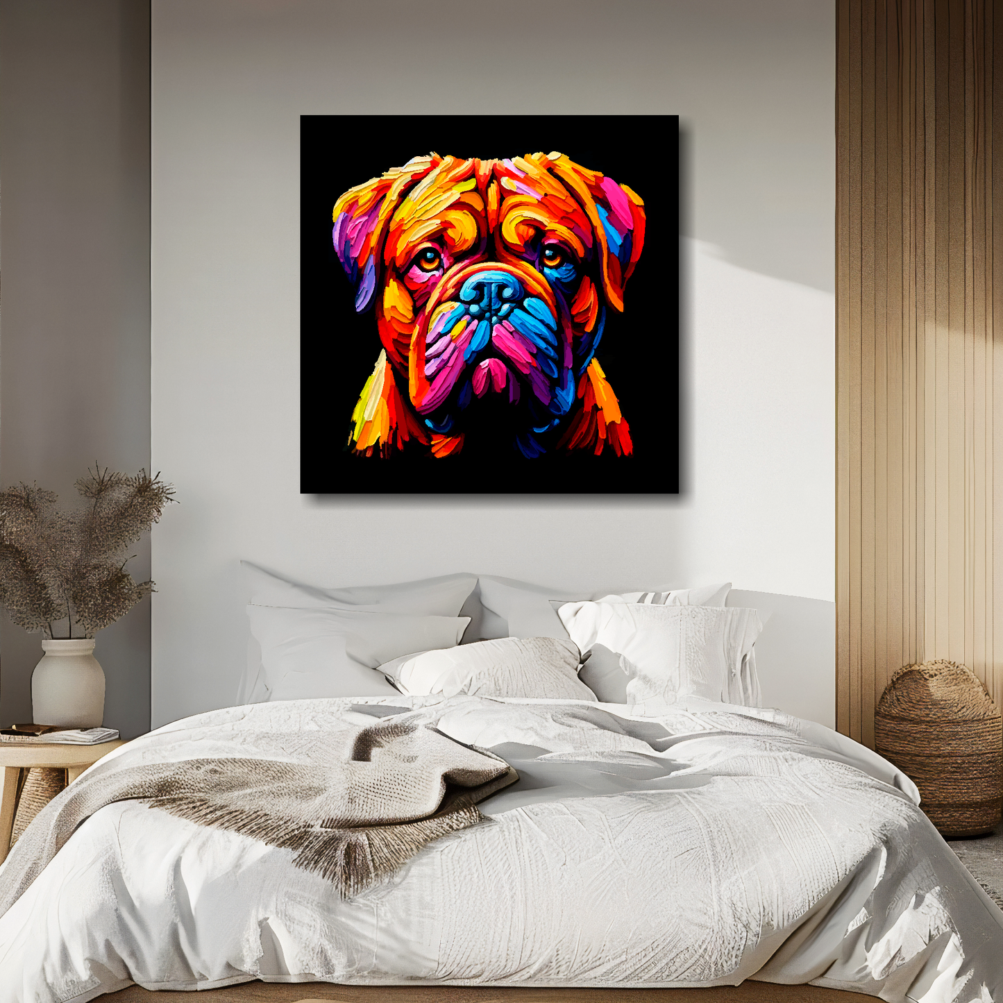 Large canvas wall art - A vibrant multi-coloured head portrait of a Dogue De Bordeaux. Available in 3 large sizes.