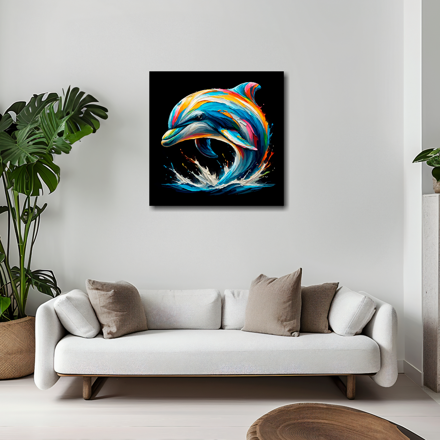 20 inch by 20 inch square canvas featuring a multi-coloured Dolphin portrait. Mounted on a white wall above a white sofa with decorative pillows.