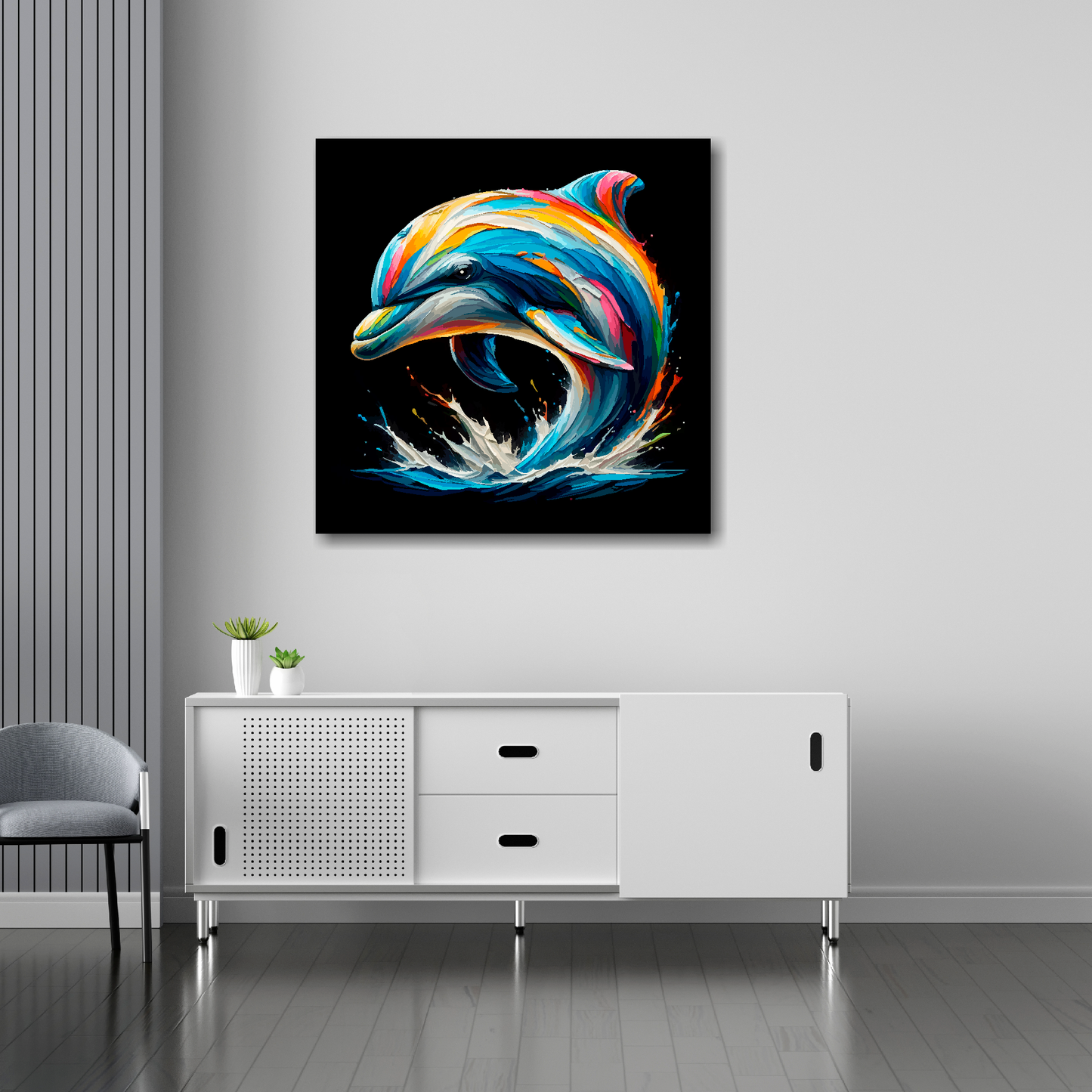 30 inch by 30 inch square canvas featuring a multi-coloured Dolphin portrait. Mounted on a white wall above a white sideboard.