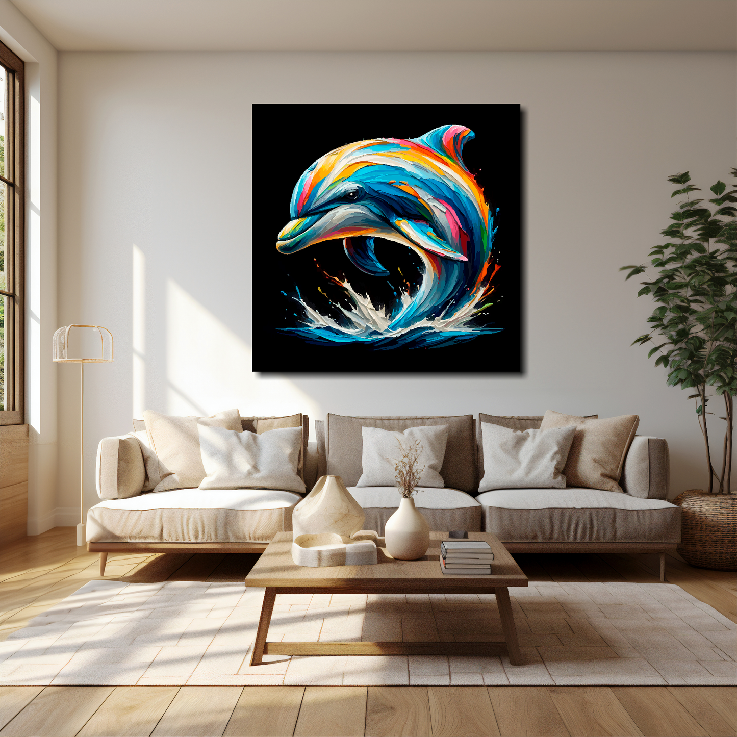 40 inch by 40 inch square canvas featuring a multi-coloured Dolphin portrait. Mounted on a cream wall above a cream sofa with decorative pillows.