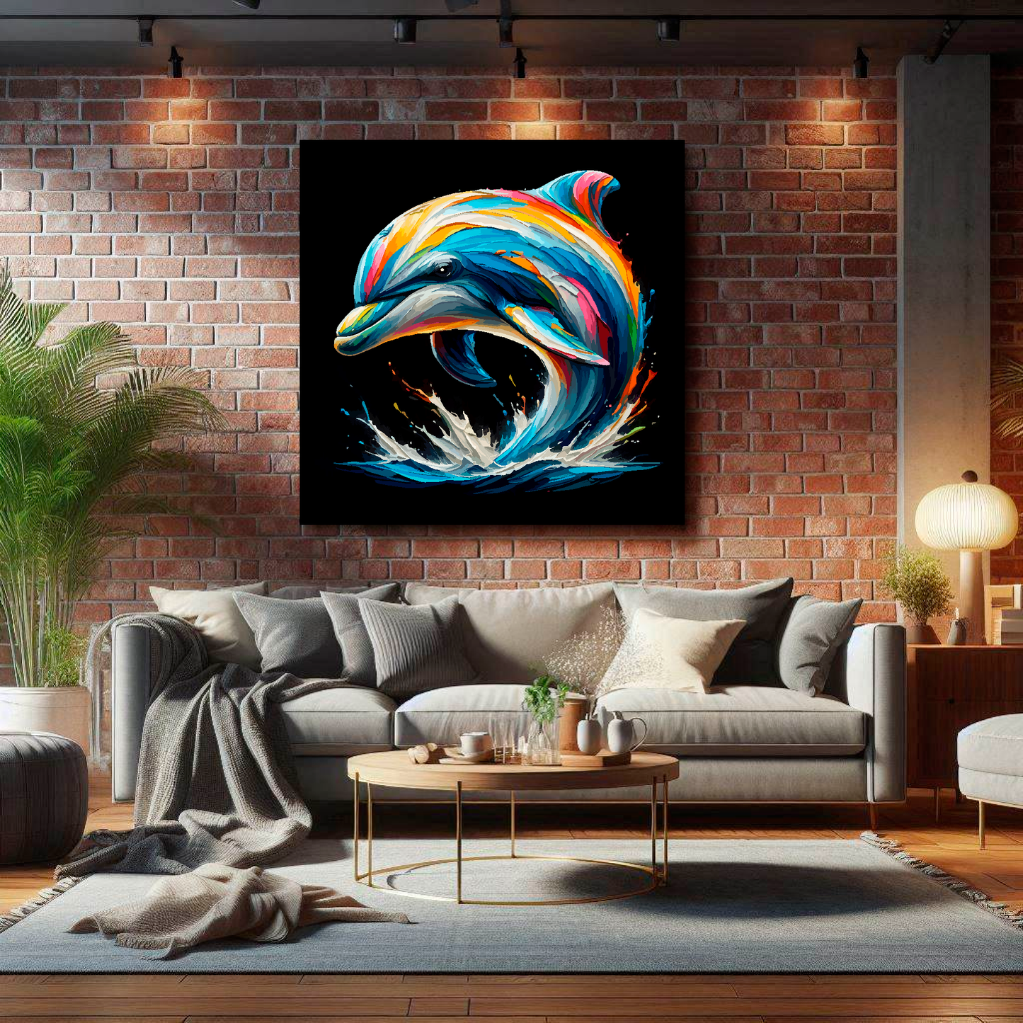 Large canvas wall art - A multi-coloured abstract portrait of a Dolphin. Available in 3 large sizes.