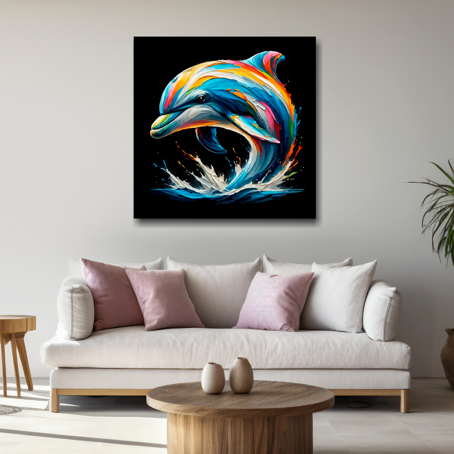 Large canvas wall art - A multi-coloured abstract portrait of a Dolphin. Available in 3 large sizes.