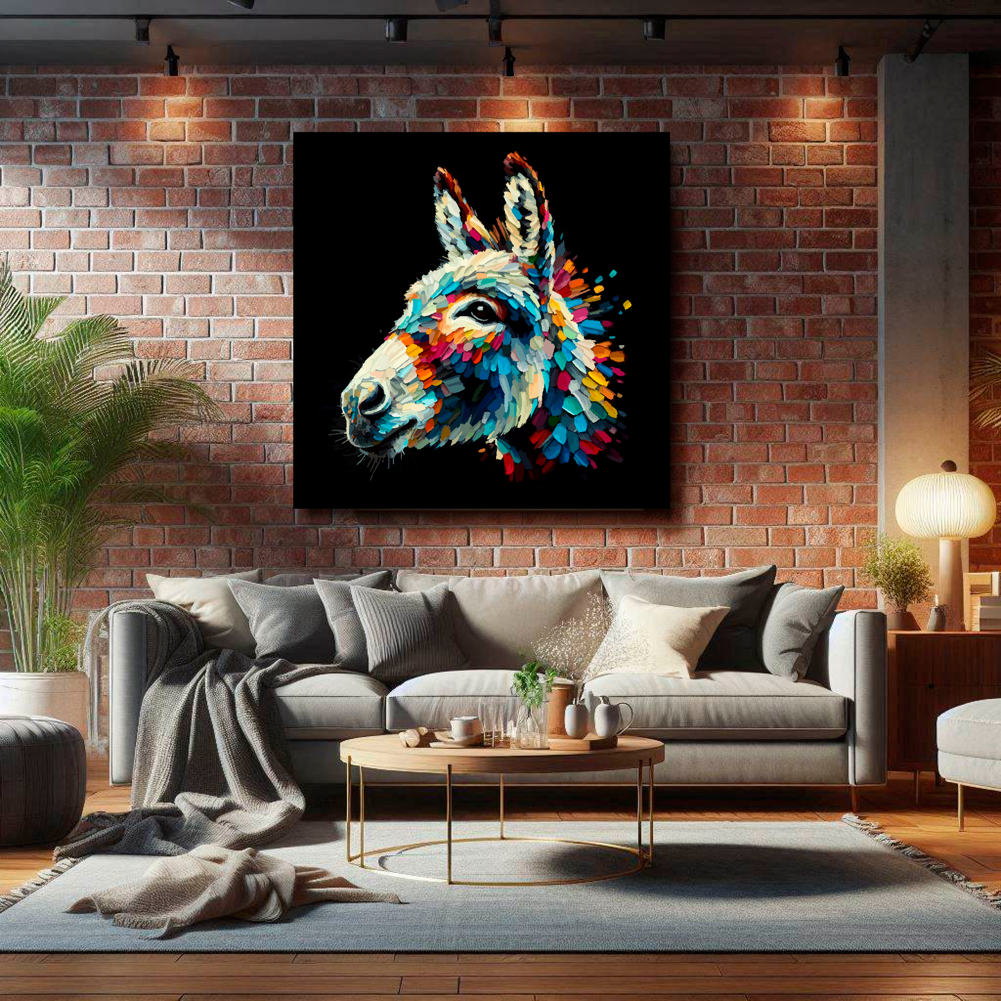 Large canvas wall art - Colourful Donkey portrait on a black background. Available in 3 large sizes.