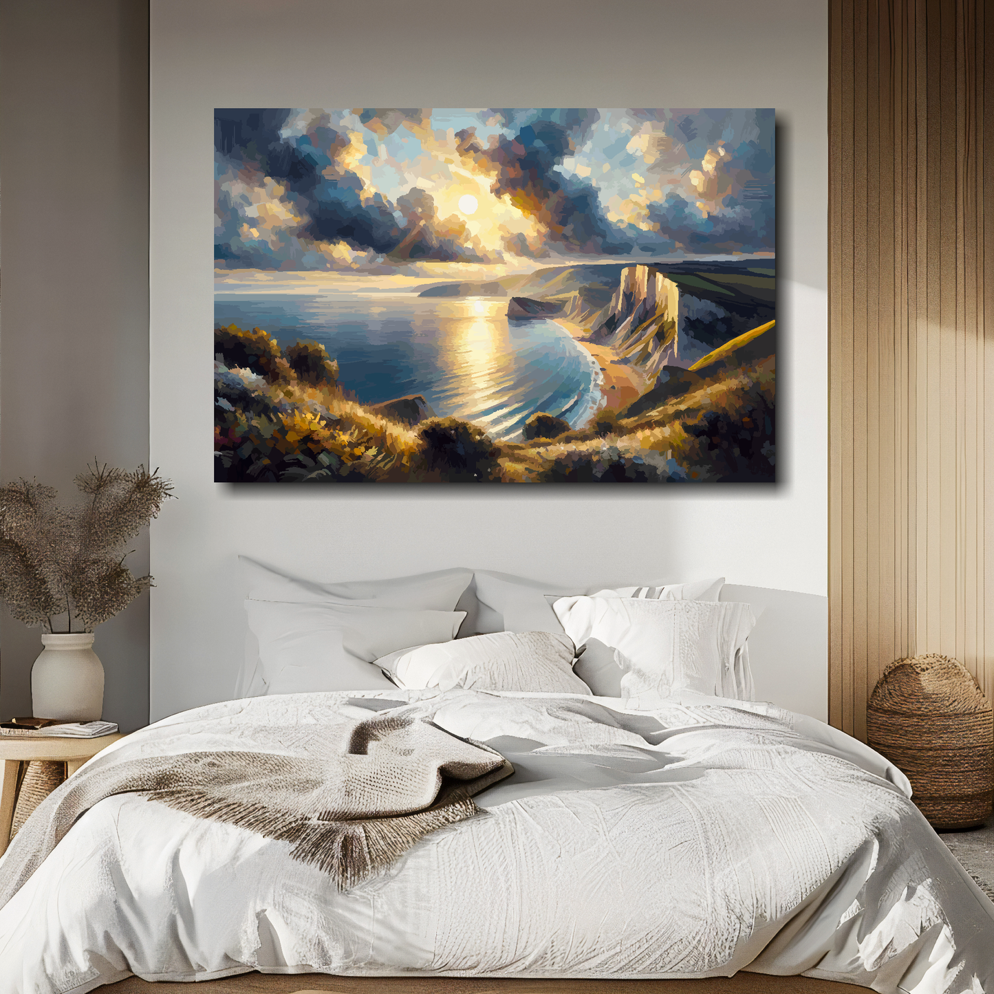 Landscape painting above a bed in a bedroom