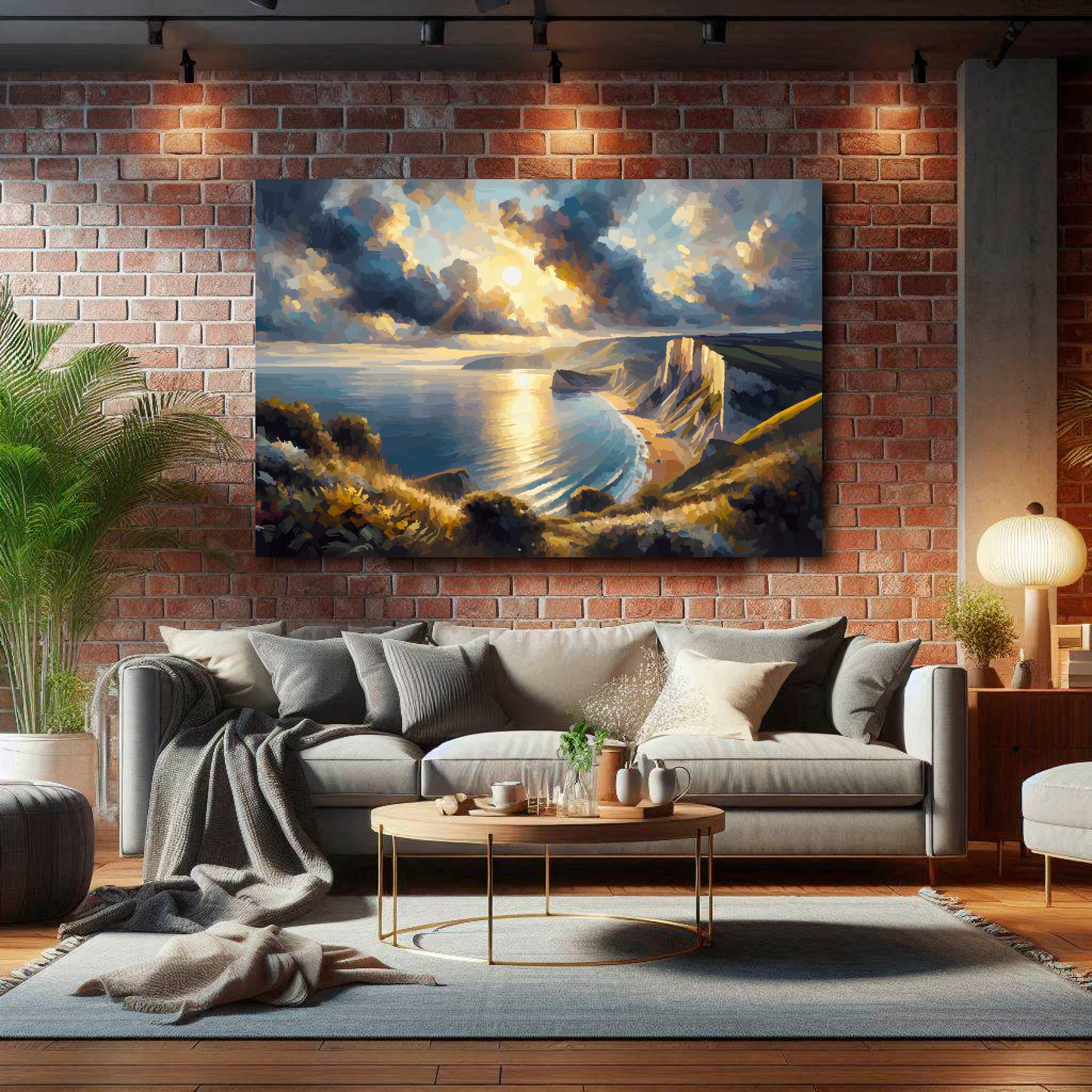 Living room with a gray sofa, coffee table, and a large painting of a landscape on a brick wall.