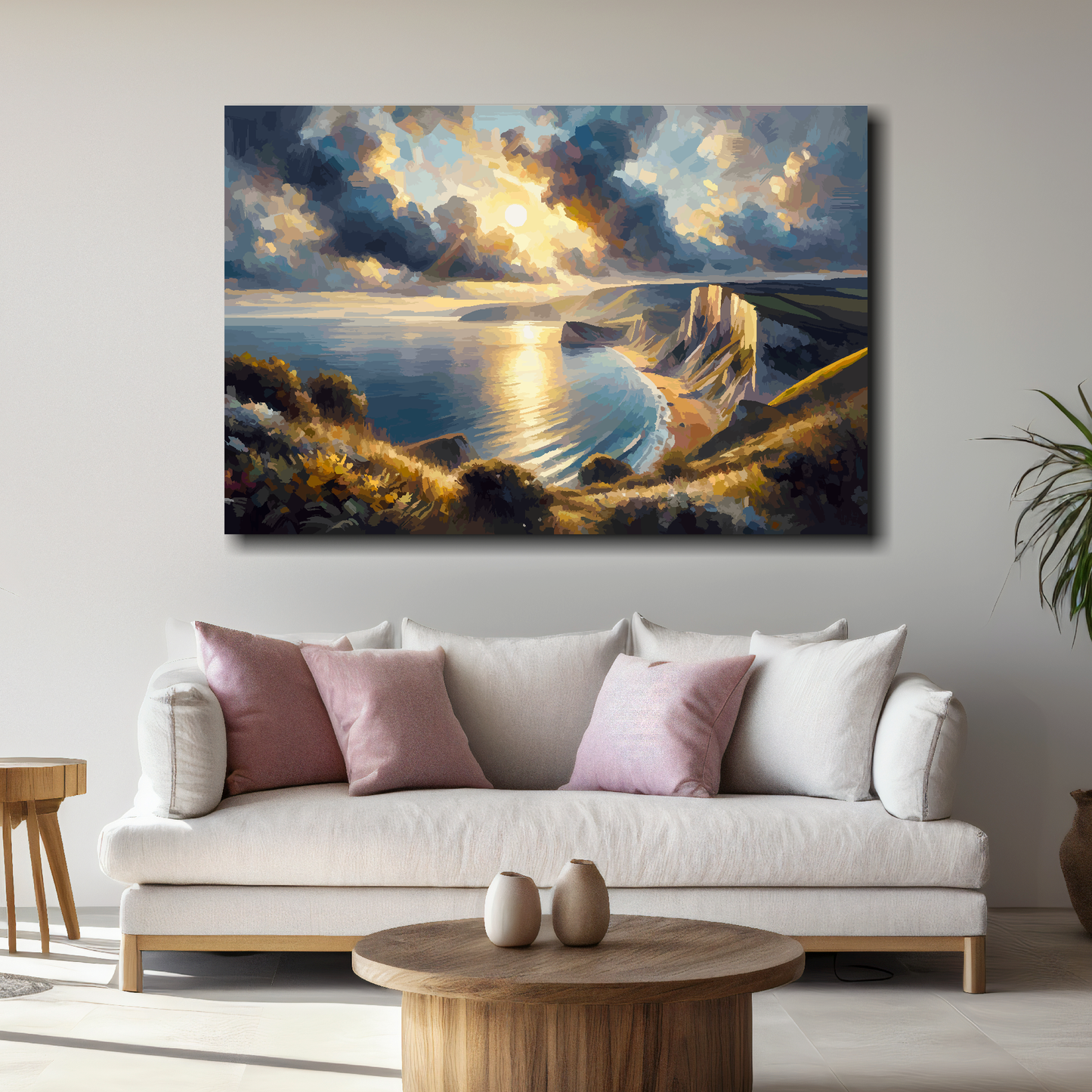 Landscape painting of a coastal scene above a white sofa with decorative pillows.