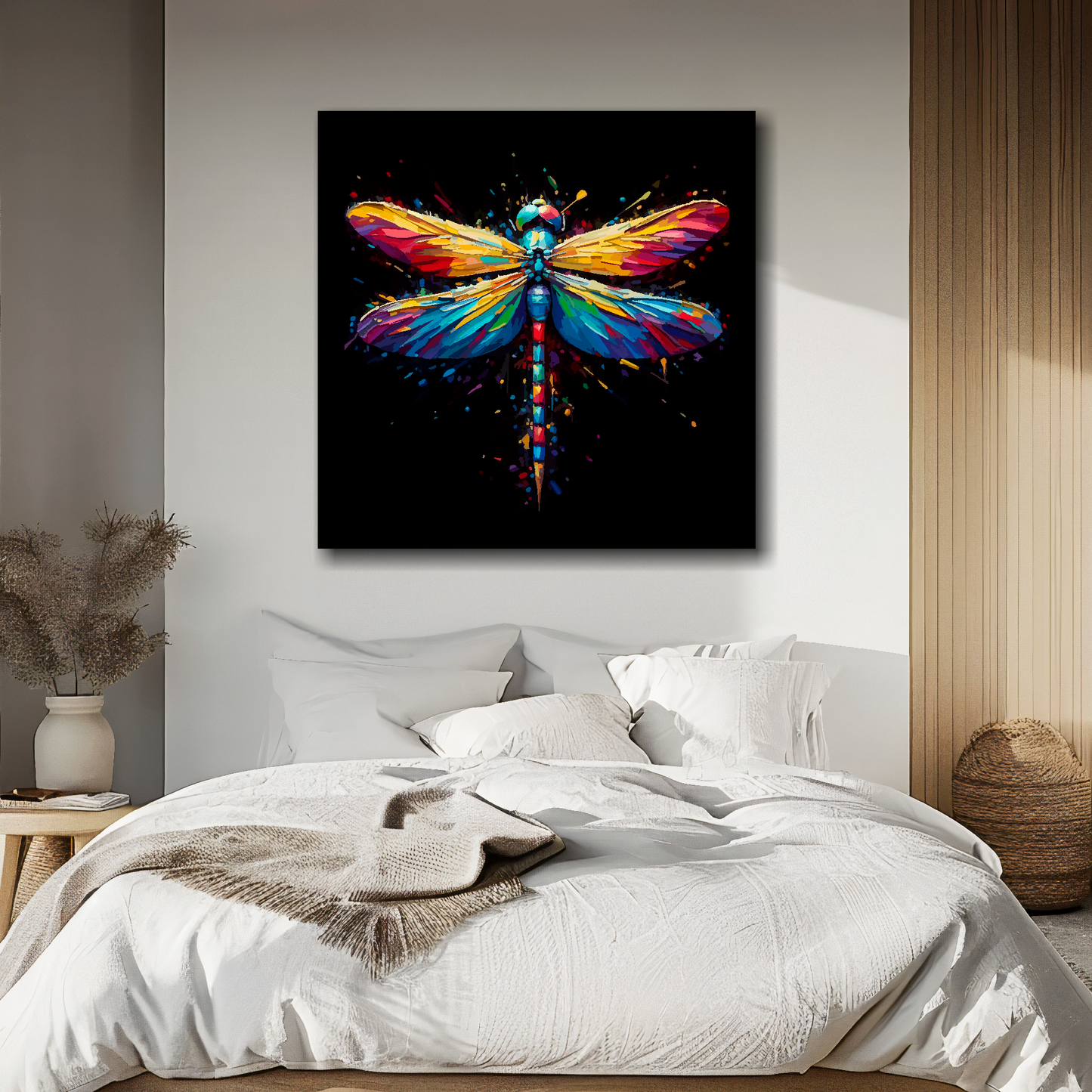 Large canvas wall art - Colourful Dragonfly portrait on a black background. Available in 3 large sizes.