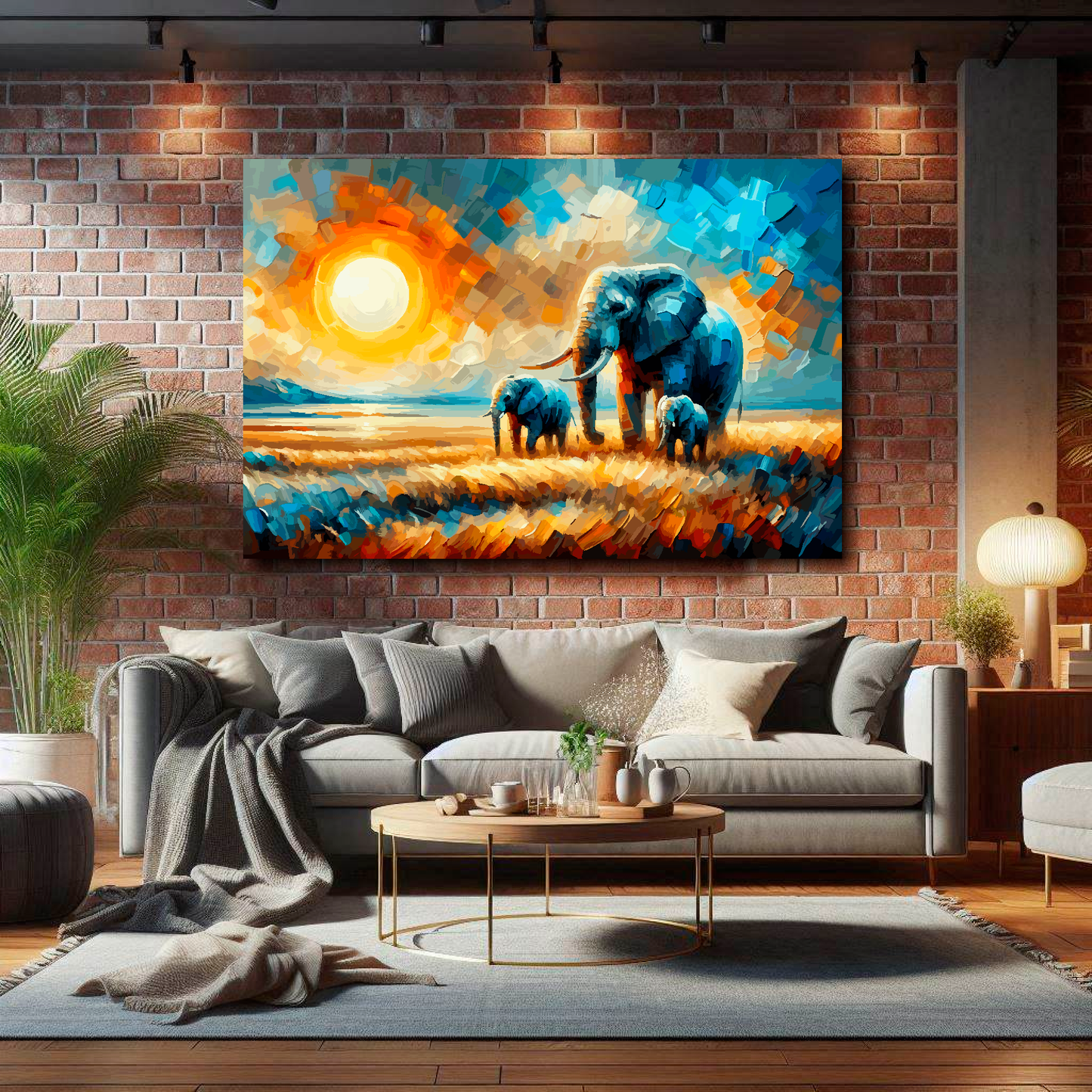 Large canvas wall art - A multi-coloured abstract landscape of the African Plains featuring 3 Elephants. Available in 3 large sizes.