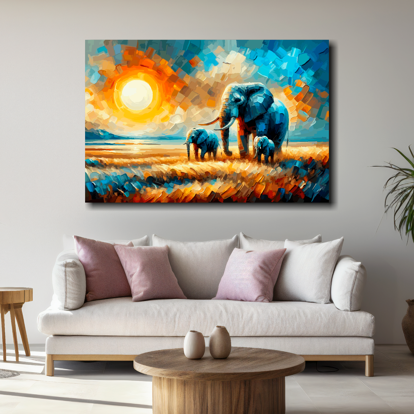 Large canvas wall art - A multi-coloured abstract landscape of the African Plains featuring 3 Elephants. Available in 3 large sizes.