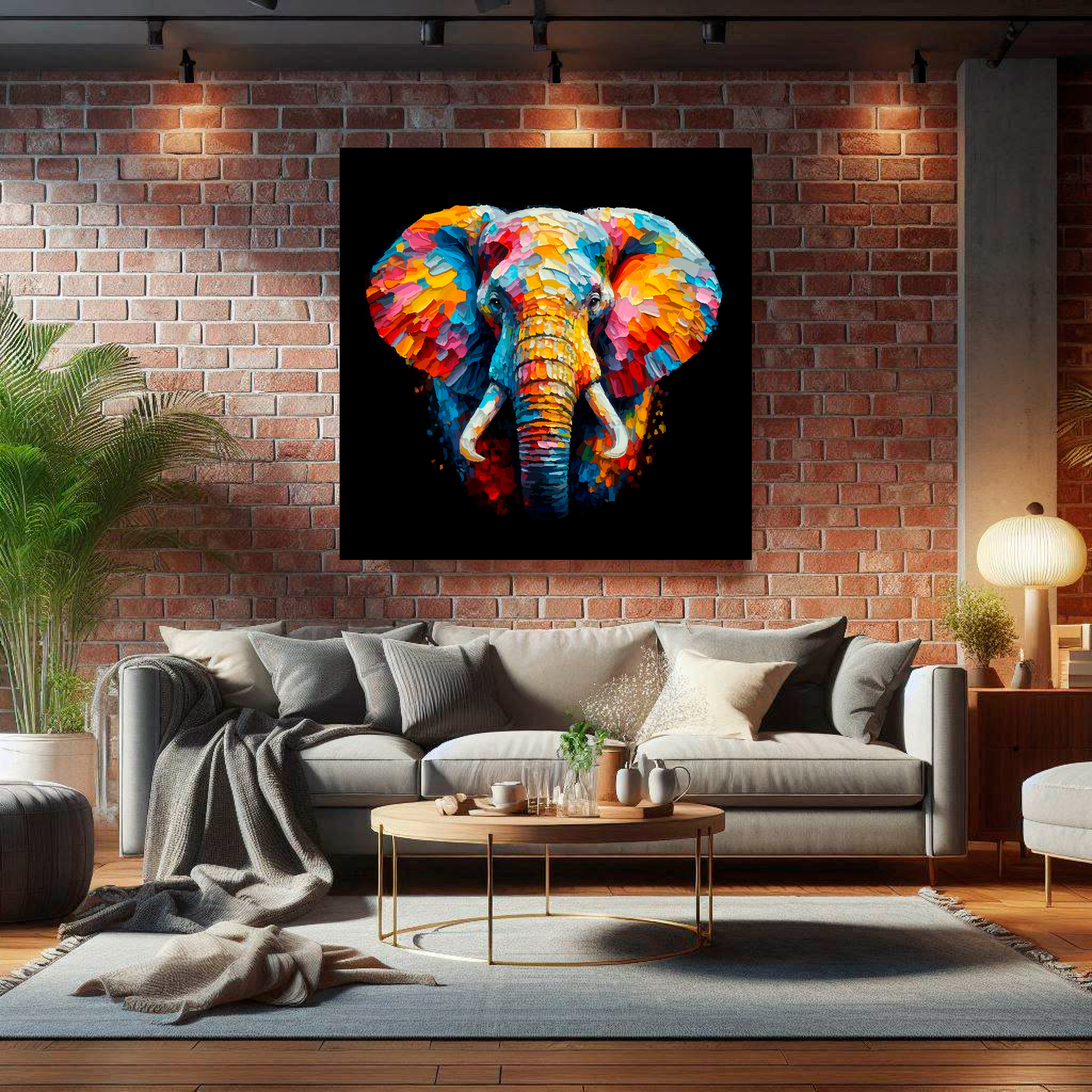 Large canvas wall art - A vibrant multi-coloured head portrait of an Elephant. Available in 3 large sizes.