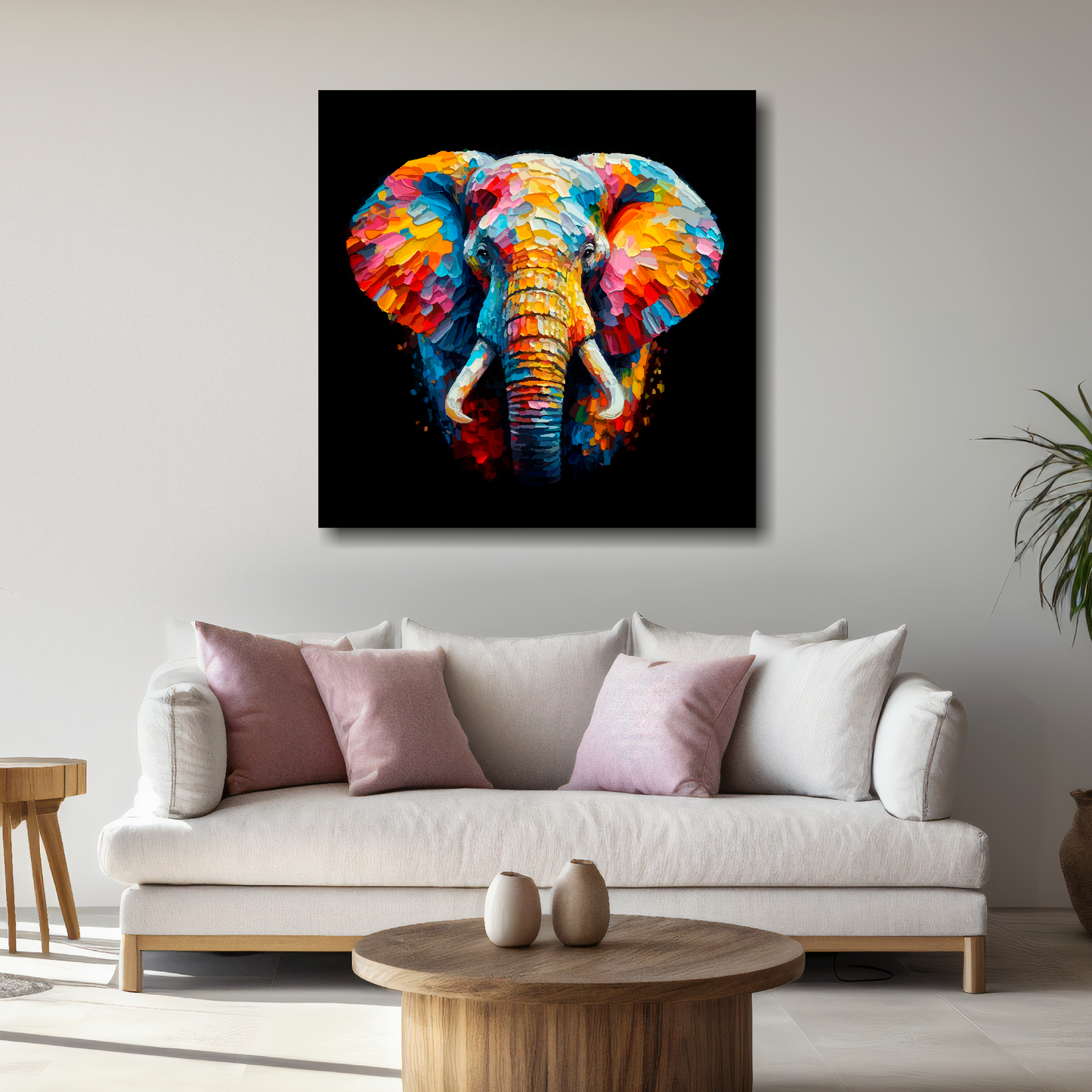 Large canvas wall art - A vibrant multi-coloured head portrait of an Elephant. Available in 3 large sizes.