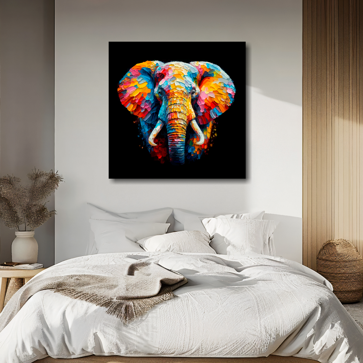 Large canvas wall art - A vibrant multi-coloured head portrait of an Elephant. Available in 3 large sizes.