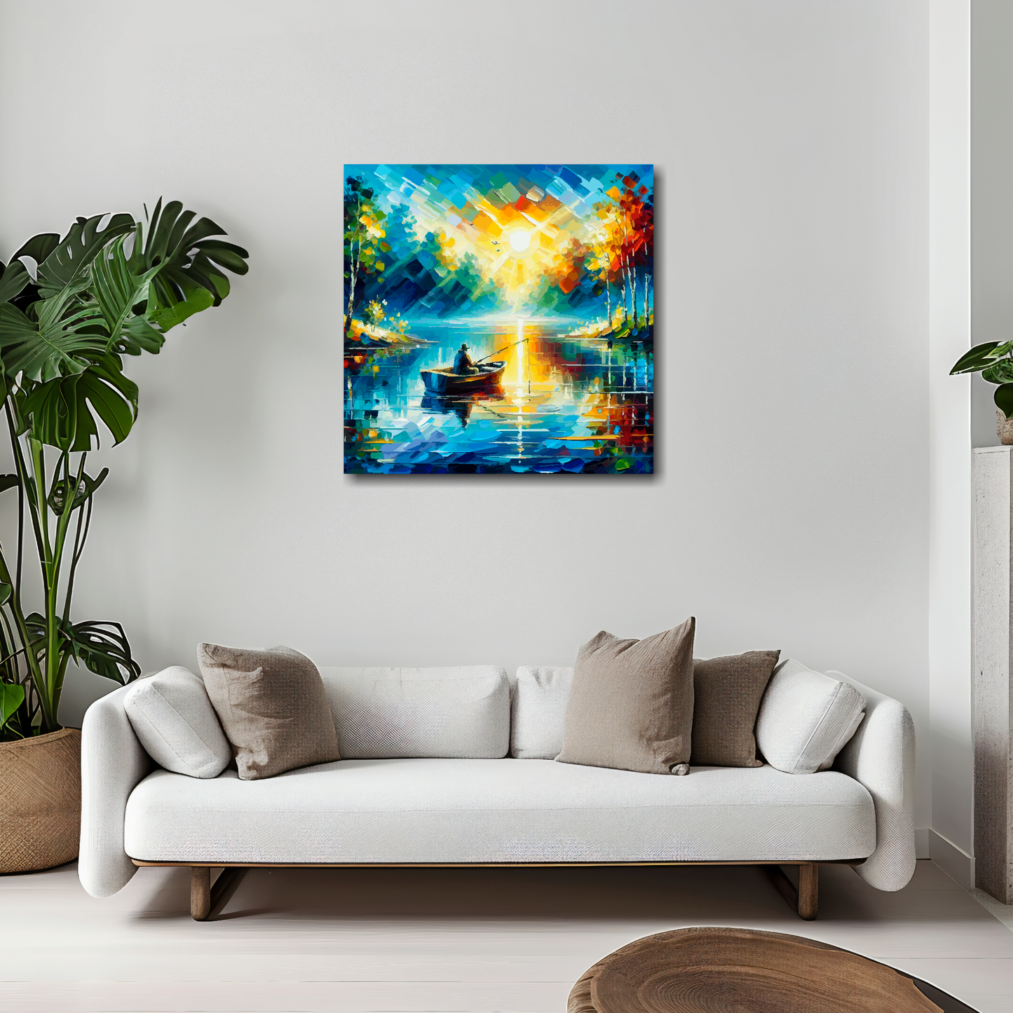 20 inch by 20 inch square canvas featuring a boat angler fishing on a vibrant Enchanted lake. Mounted on a white wall above a white sofa with decorative pillows.