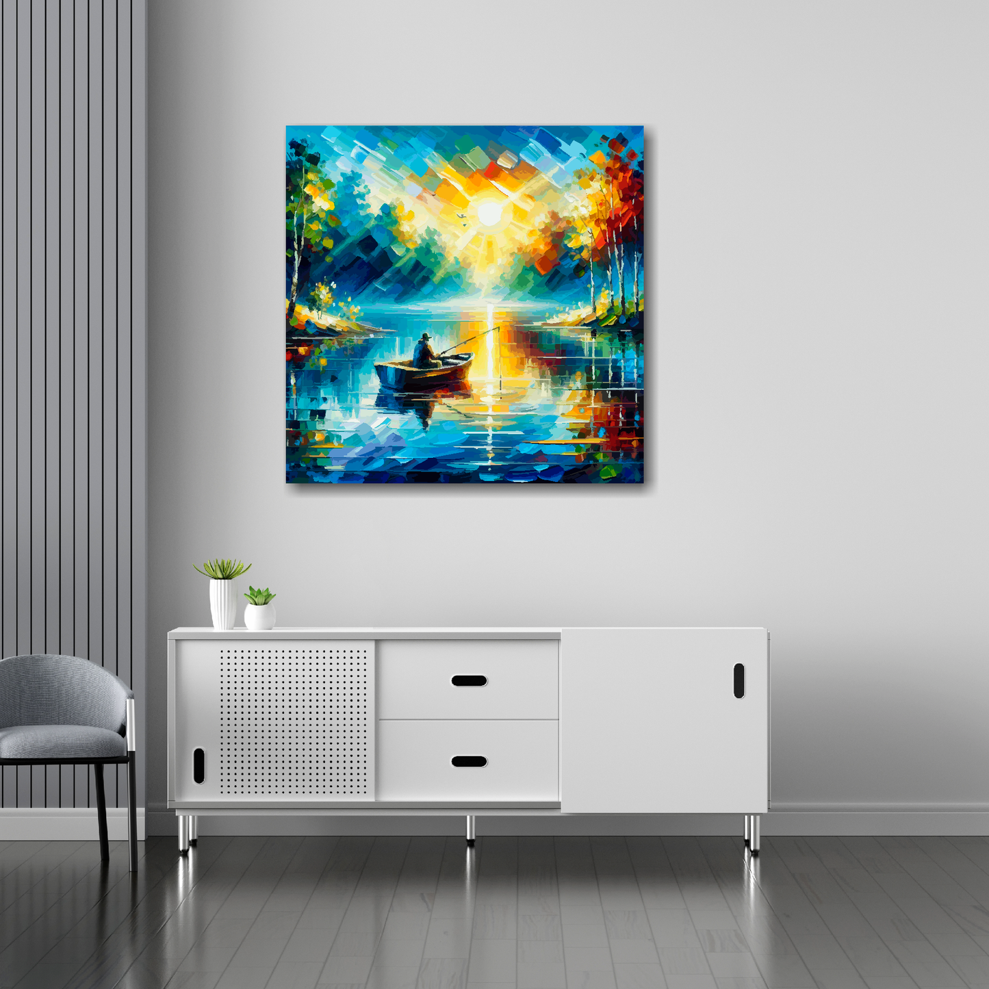 30 inch by 30 inch square canvas featuring a boat angler fishing on a vibrant Enchanted lake. Mounted on a white wall above a white sideboard.