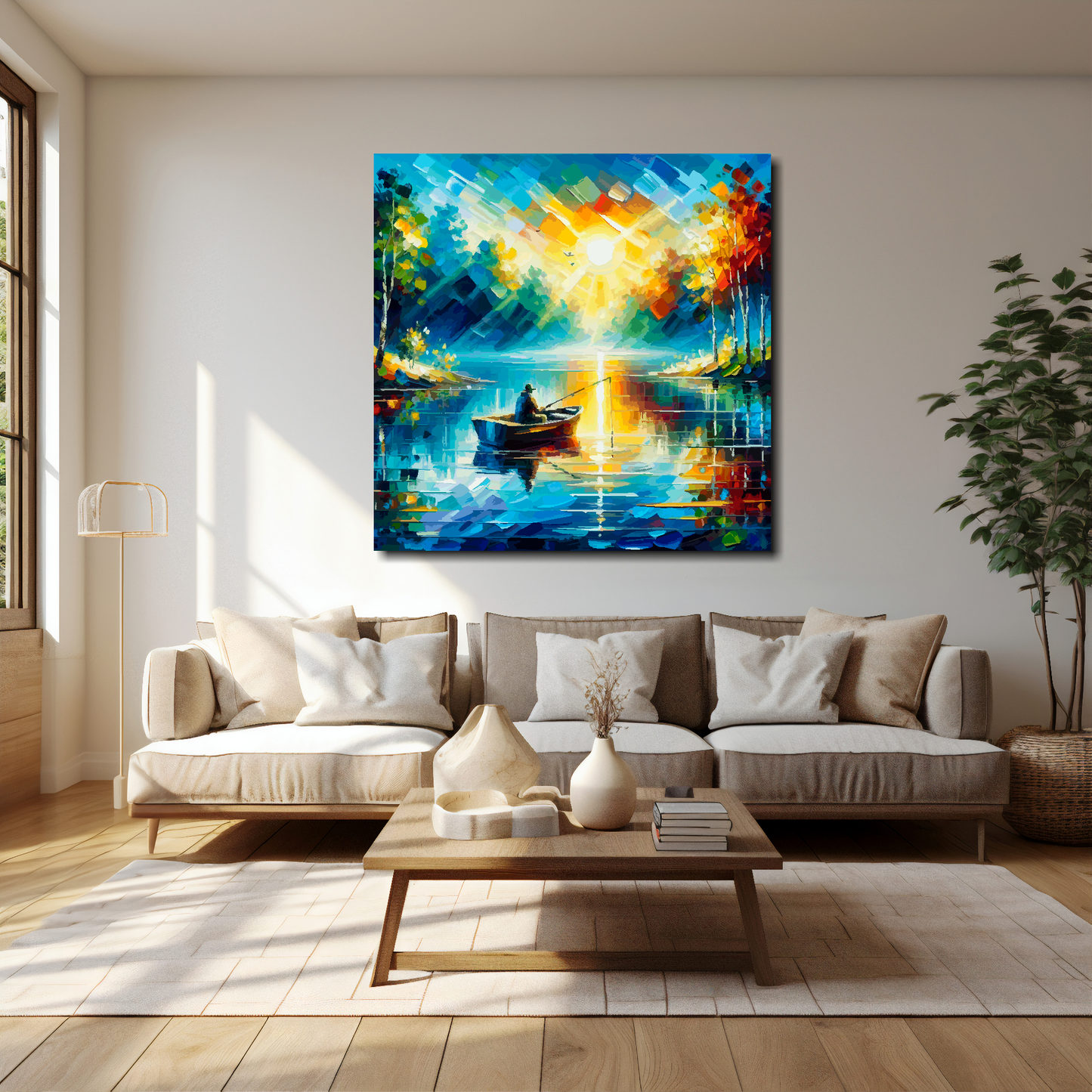 40 inch by 40 inch square canvas featuring a boat angler fishing on a vibrant Enchanted lake. Mounted on a cream wall above a cream sofa with decorative pillows.