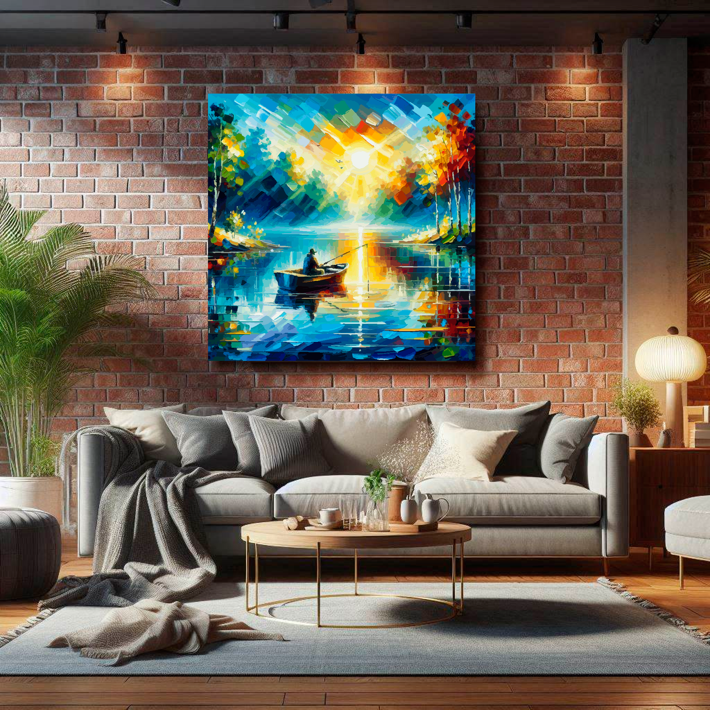 Large square canvas featuring a boat angler fishing on a vibrant Enchanted lake. Mounted on a brick wall above a grey sofa with decorative pillows.