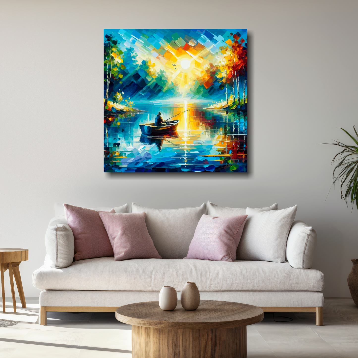 Square XL canvas featuring a boat angler fishing on a vibrant Enchanted lake. Mounted on a white wall above a white sofa with decorative pillows.
