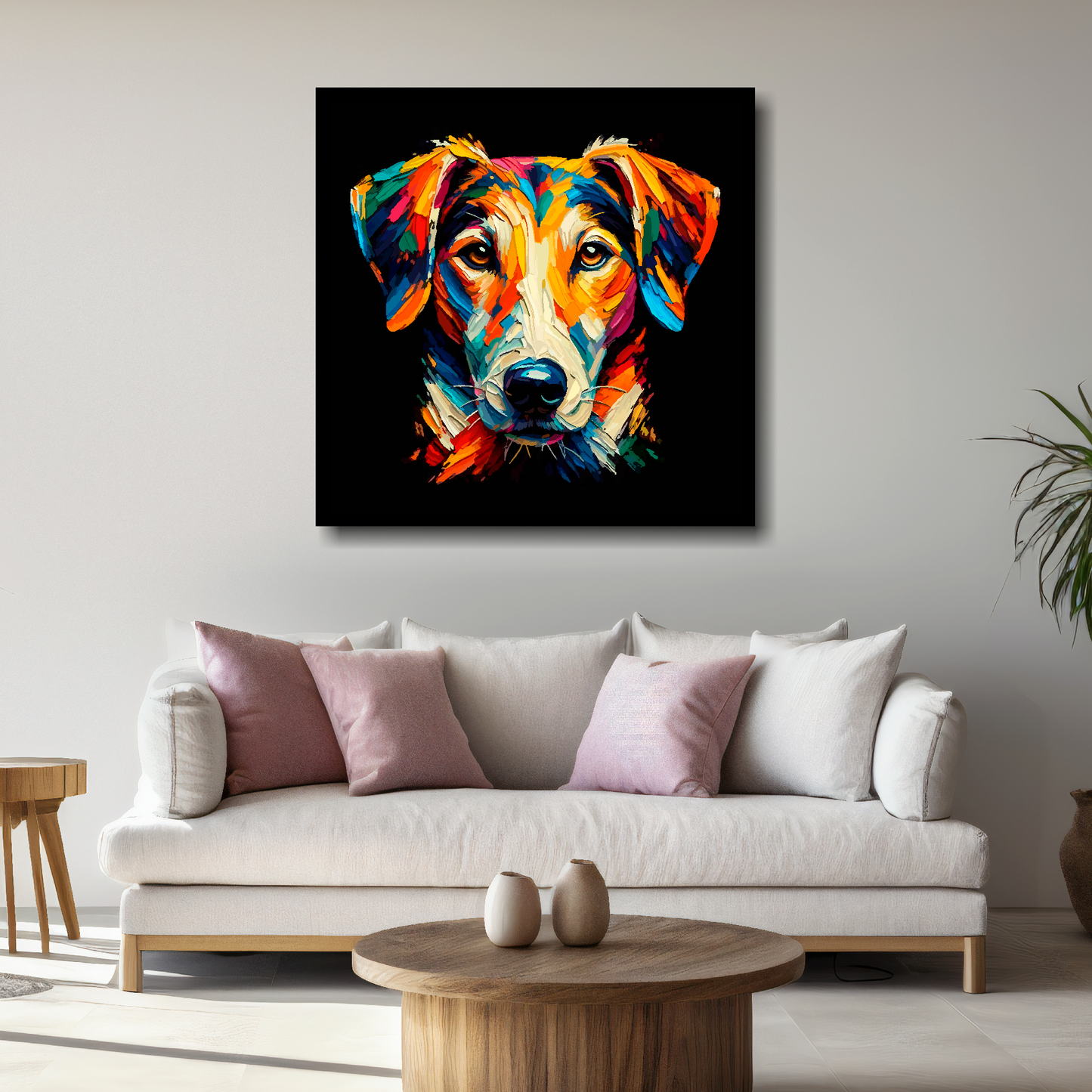 Large canvas wall art - A vibrant multi-coloured head portrait of a English Foxhound. Available in 3 large sizes.