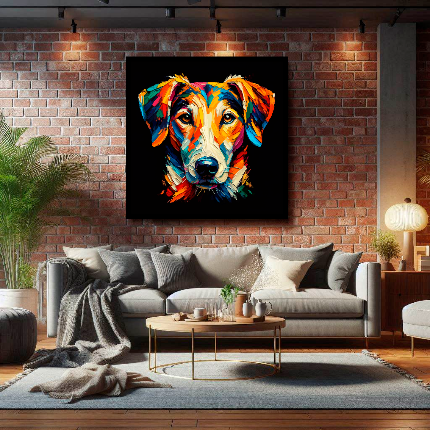 Large canvas wall art - A vibrant multi-coloured head portrait of a English Foxhound. Available in 3 large sizes.