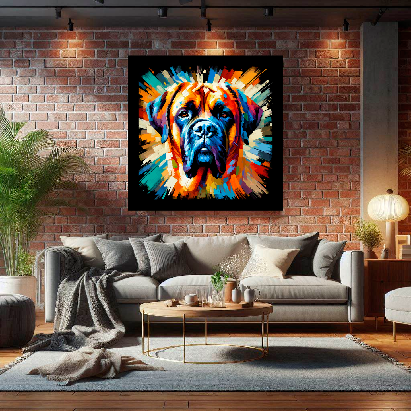 Large canvas wall art - A vibrant multi-coloured head portrait of a English Mastiff. Available in 3 large sizes.