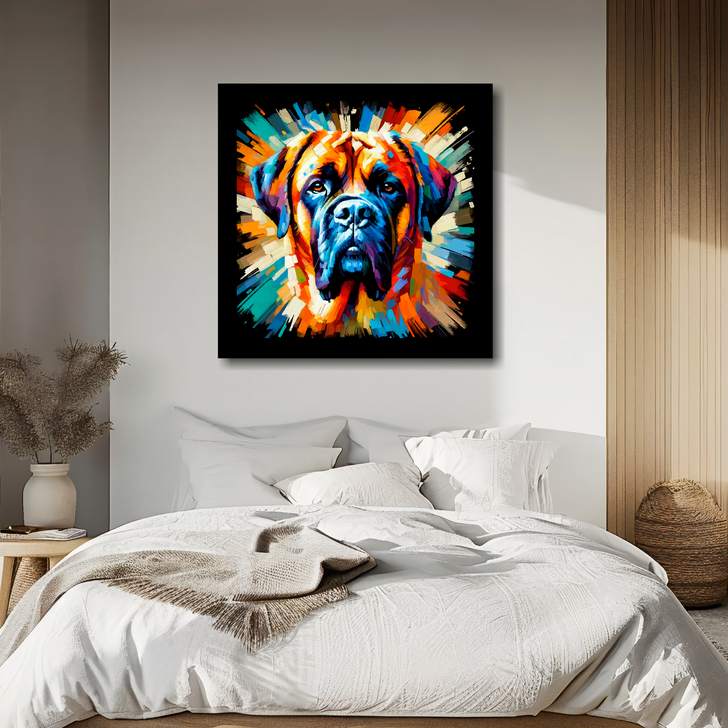 Large canvas wall art - A vibrant multi-coloured head portrait of a English Mastiff. Available in 3 large sizes.