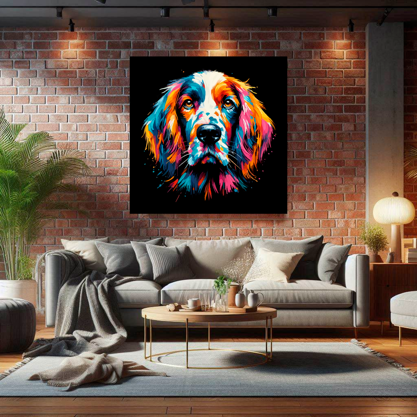 Large canvas wall art - A vibrant multi-coloured head portrait of a English Setter. Available in 3 large sizes.