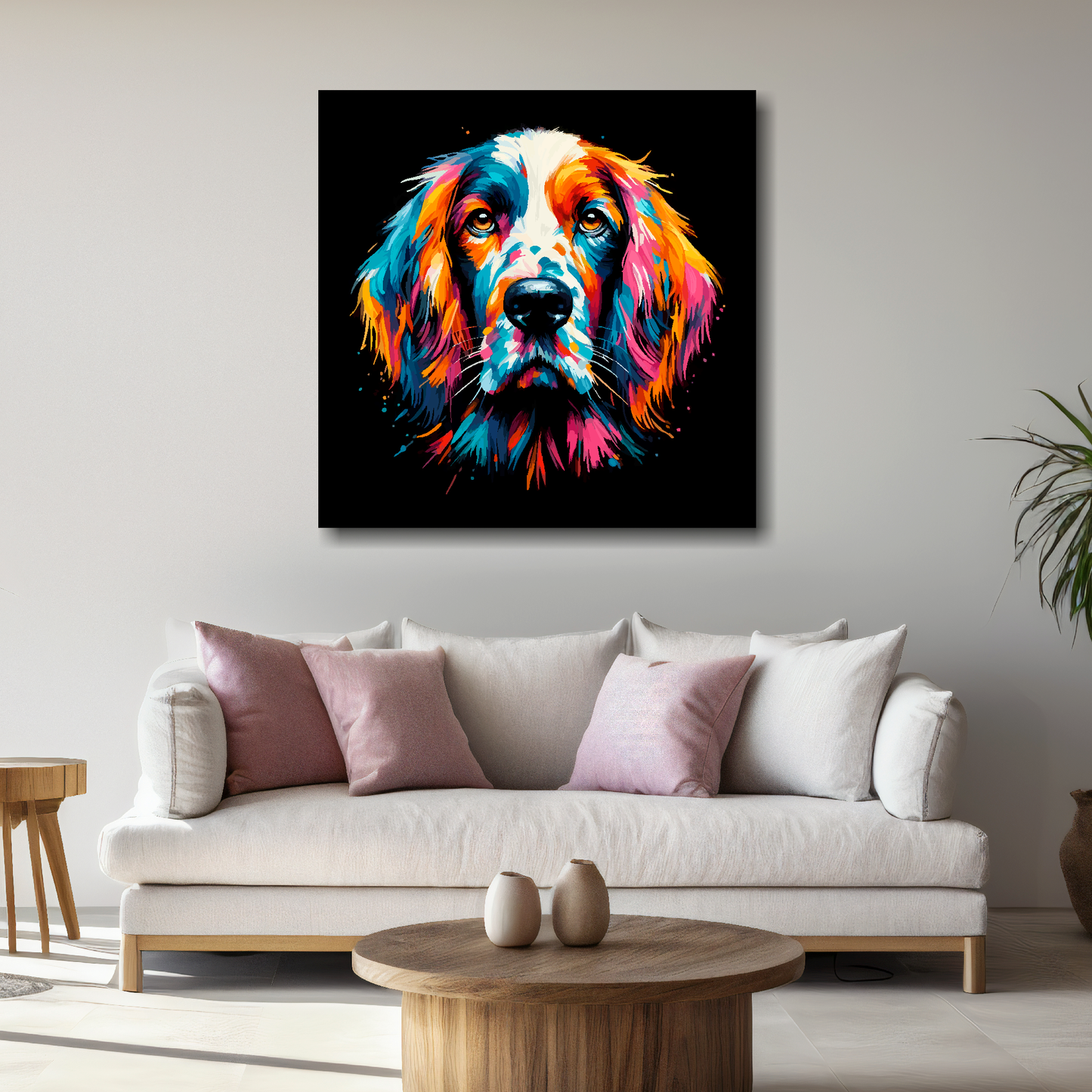 Large canvas wall art - A vibrant multi-coloured head portrait of a English Setter. Available in 3 large sizes.