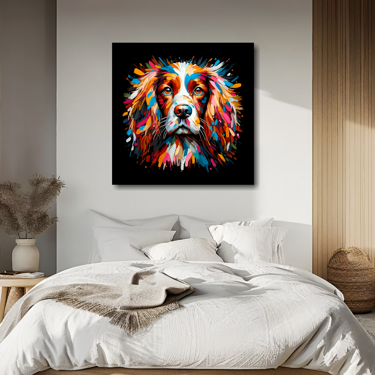 Large canvas wall art - A vibrant multi-coloured head portrait of a English Springer Spaniel. Available in 3 large sizes.