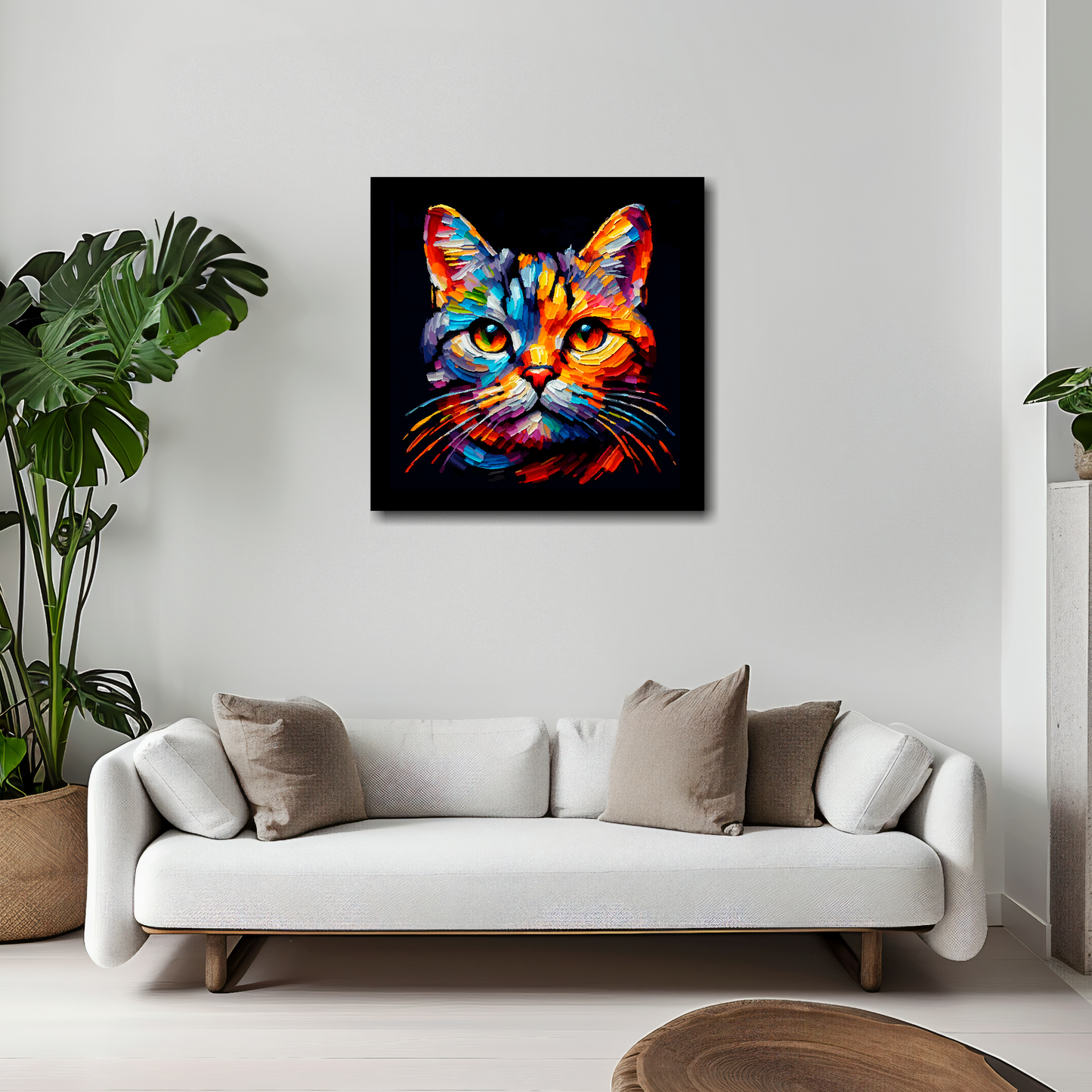 20 inch by 20 inch square canvas of a colourful European Shorthair cat head portrait on a black background. Mounted on a white wall above a white sofa with decorative pillows.
