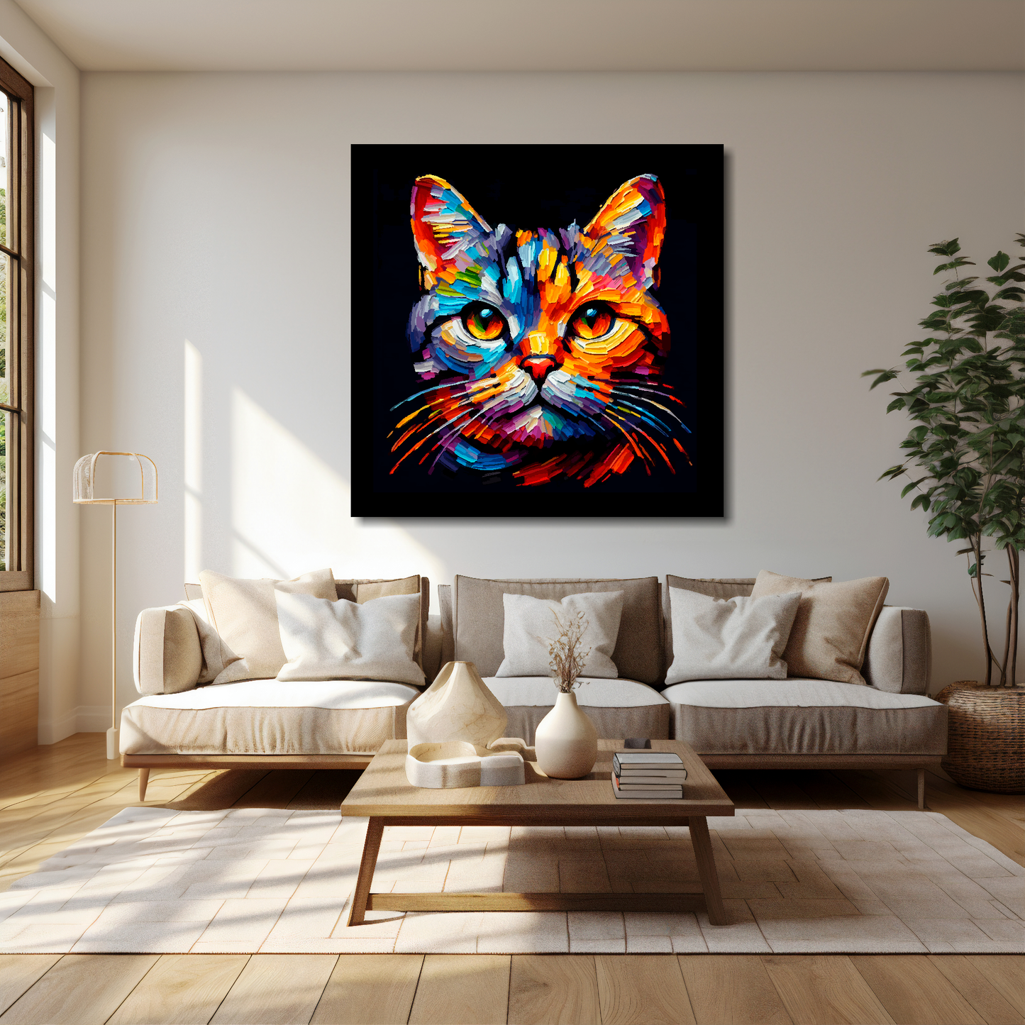 40 inch by 40 inch square canvas of a colourful European Shorthair cat head portrait on a black background. Mounted on a cream wall above a cream sofa with decorative pillows.