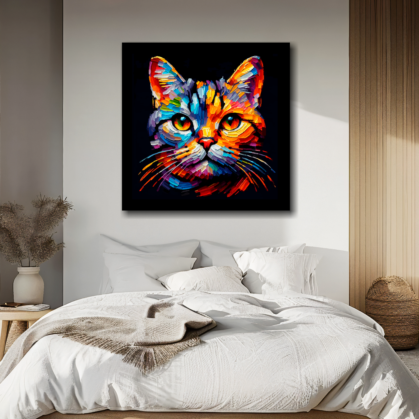 Canvas of a colourful European Shorthair cat head portrait on a black background. Mounted on a white wall above a double bed.