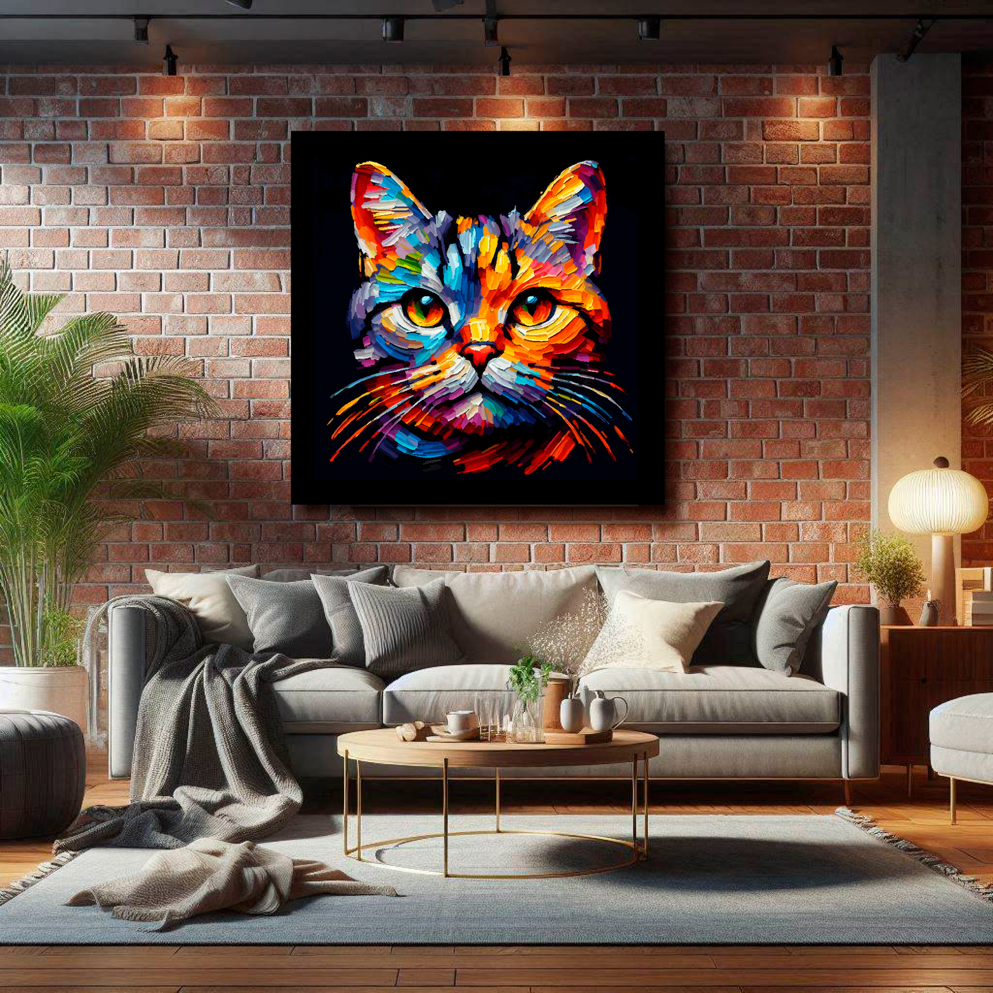 Large canvas of a colourful European Shorthair cat head portrait on a black background. Mounted on a lounge brick wall above a grey sofa with decorative pillows.