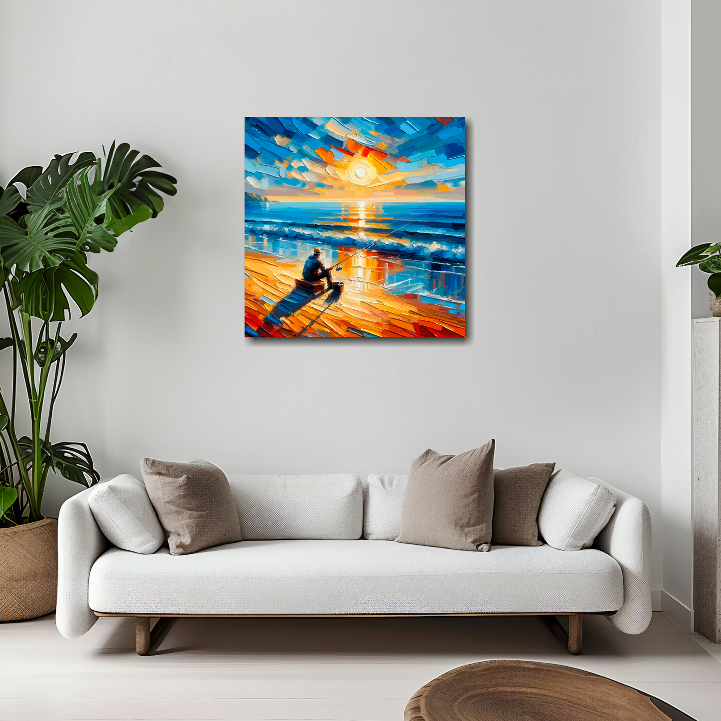 20 inch by 20 inch square canvas featuring a lone angler on a sun setting beach. Mounted on a white wall above a white sofa with decorative pillows.