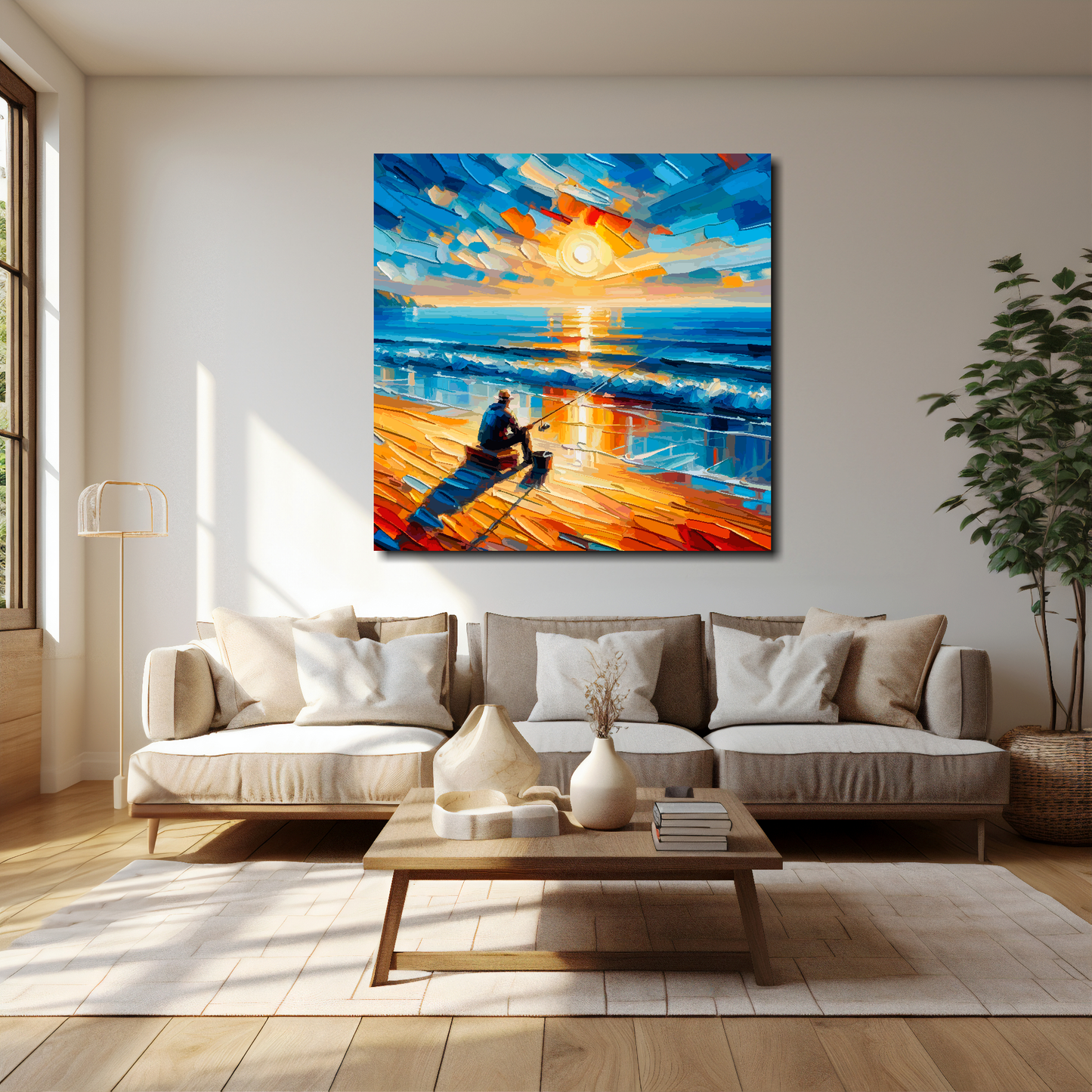 40 inch by 40 inch square canvas featuring a lone angler on a sun setting beach. Mounted on a cream wall above a cream sofa with decorative pillows.