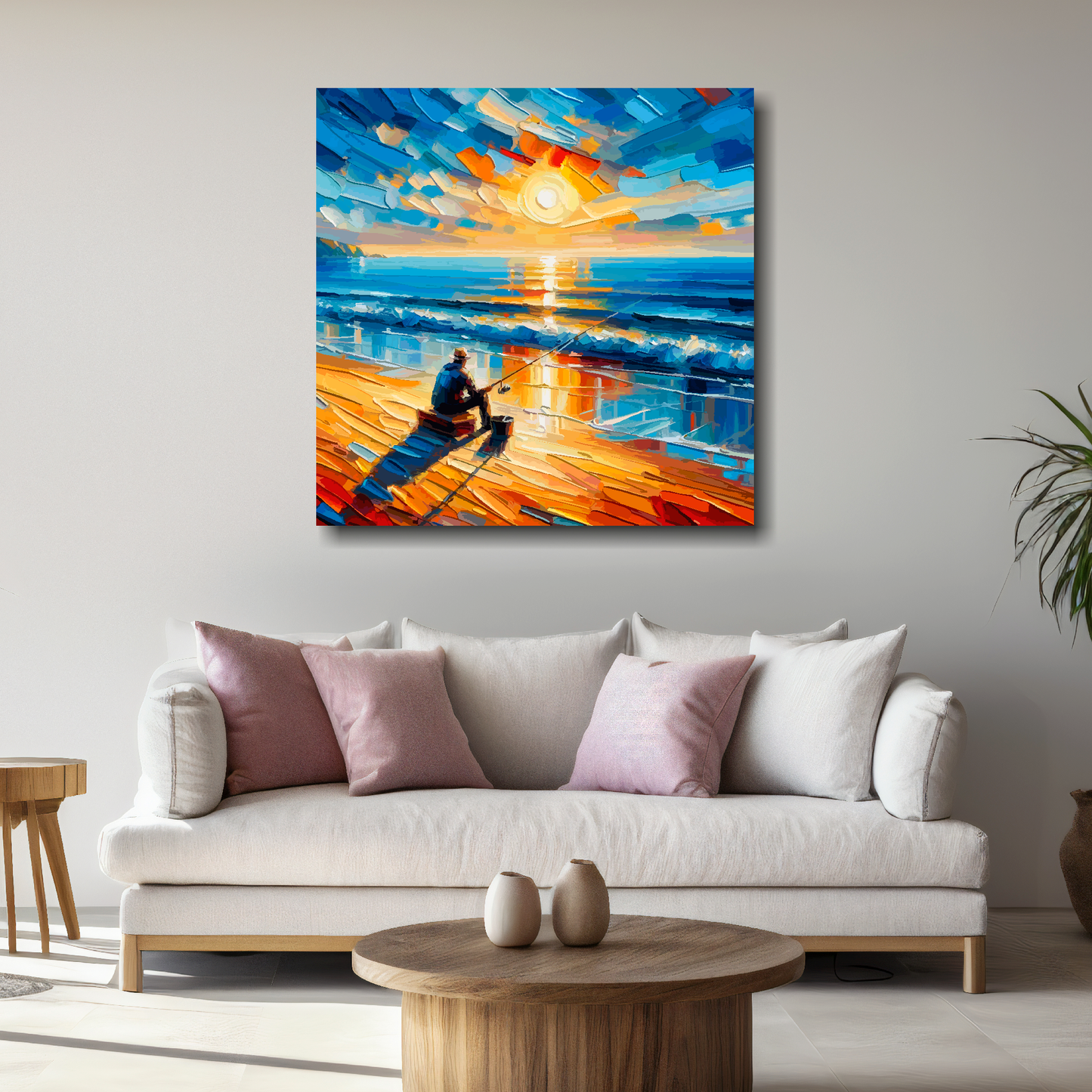 Square XL canvas featuring a lone angler on a sun setting beach. Mounted on a white wall above a white sofa with decorative pillows.