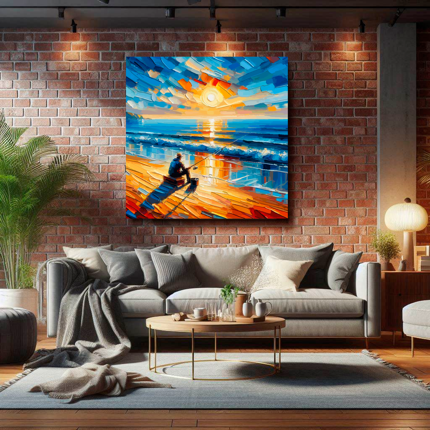Large square canvas featuring a lone angler on a sun setting beach. Mounted on a brick wall above a grey sofa with decorative pillows.