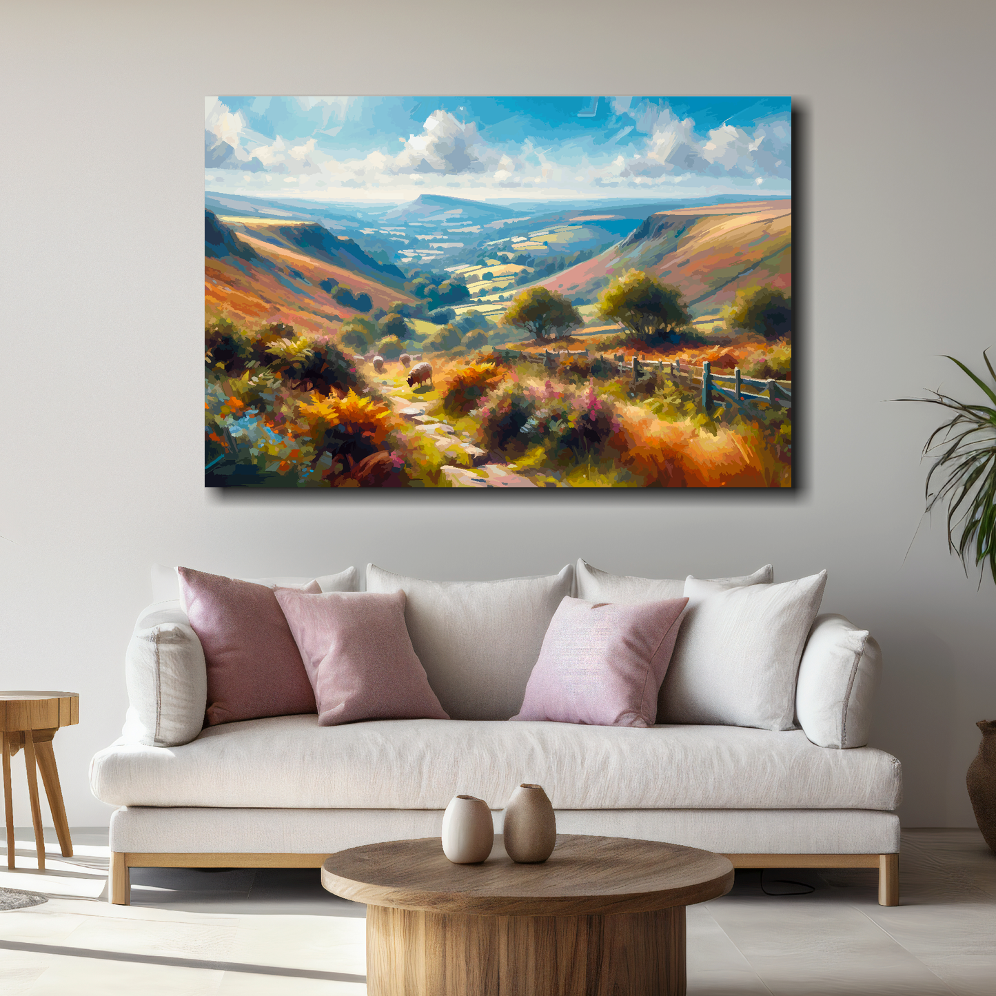 Landscape painting above a sofa in a living room