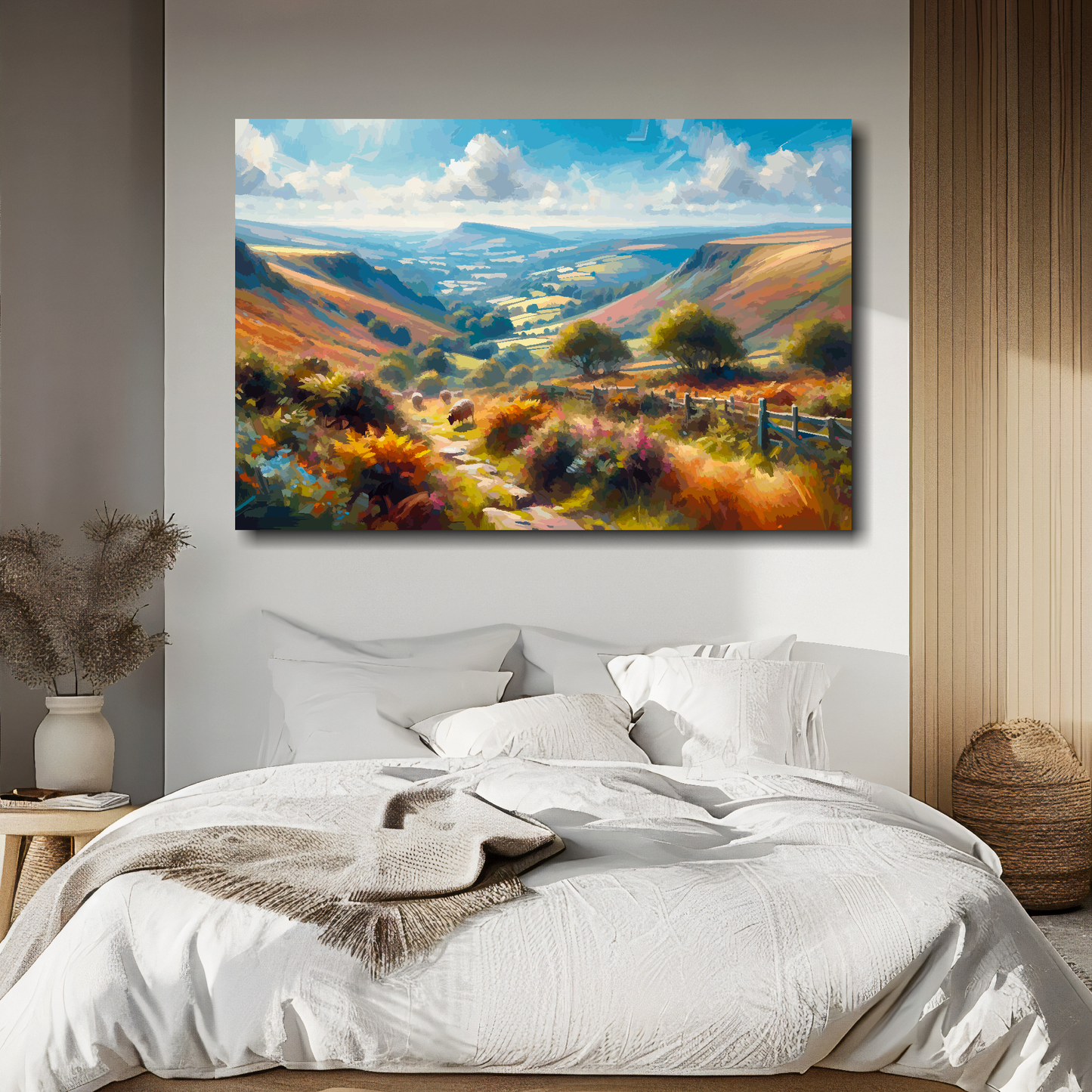 Landscape painting above a bed in a bedroom