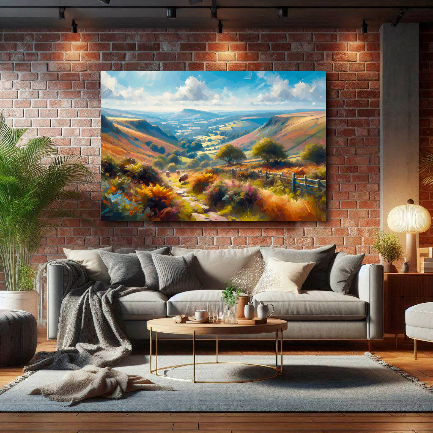 Living room with a gray sofa, coffee table, and a large landscape painting on a brick wall.