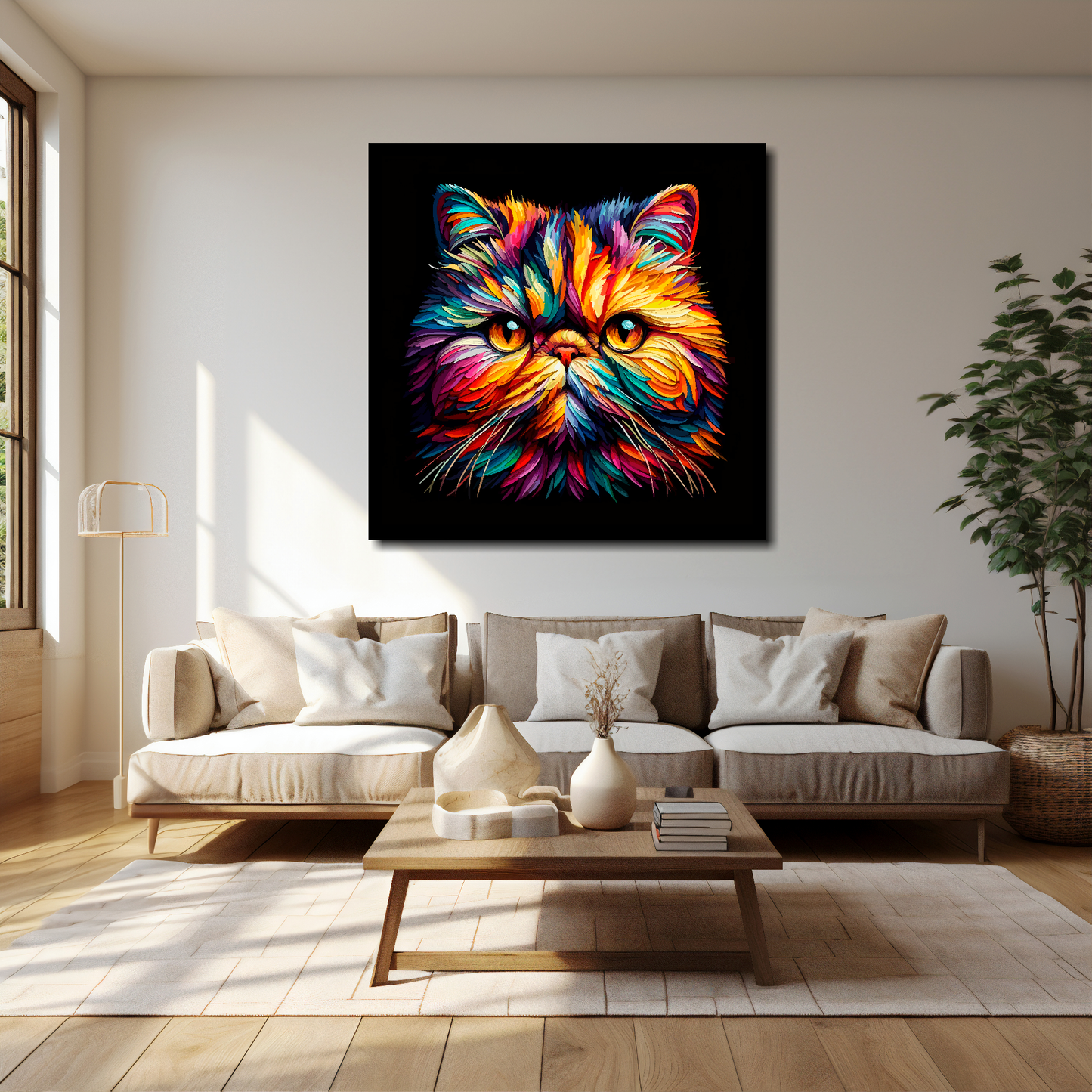 40 inch by 40 inch square canvas of a colourful Exotic Shorthair cat head portrait on a black background. Mounted on a white wall above a cream sofa with decorative pillows.