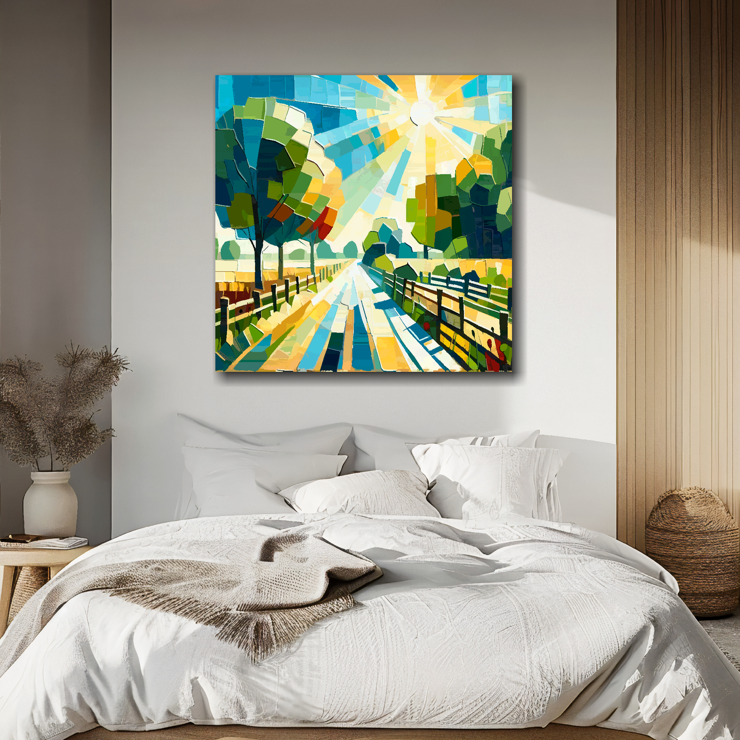 Large canvas wall art - Colourful Abstract of a farm drive landscape, bold and vibrant colours. Available in 3 large sizes.