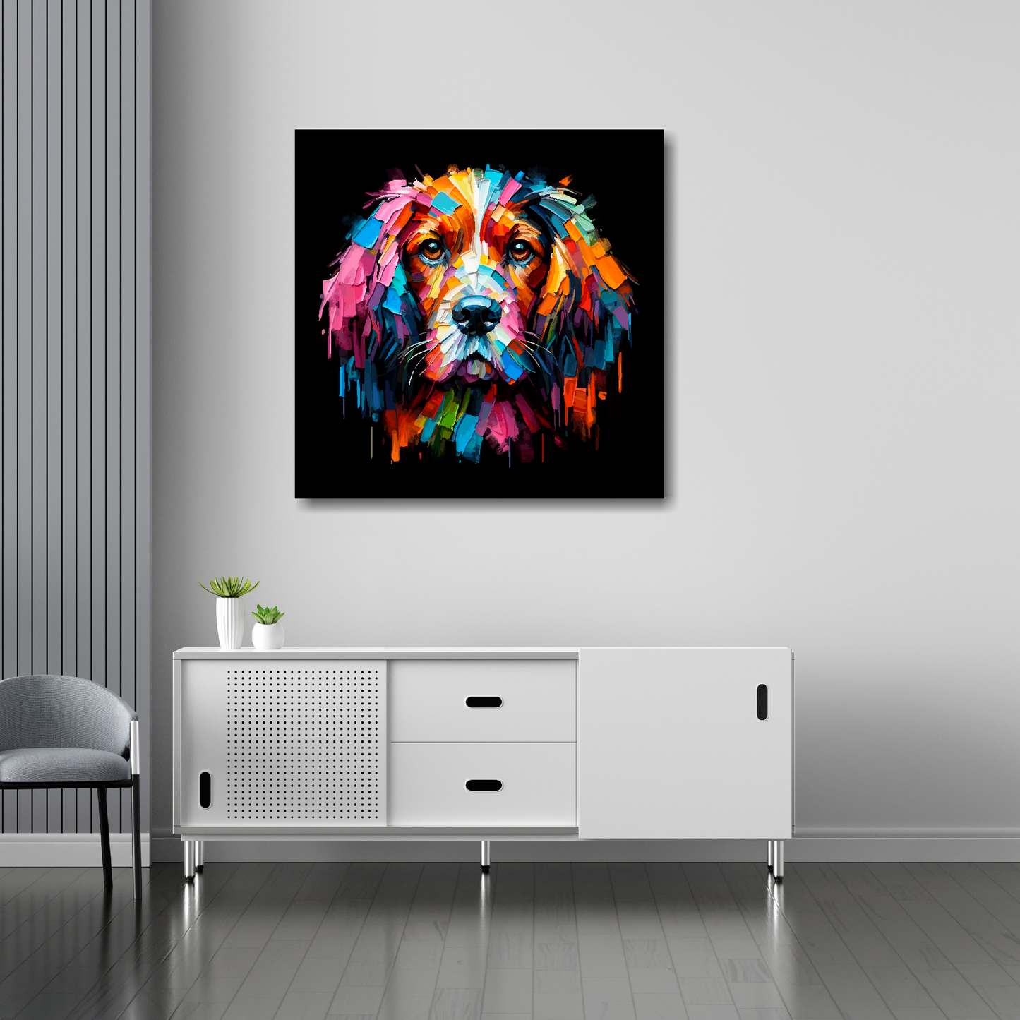 30 inch by 30 inch square canvas featuring a multi-coloured Field Spaniel dog portrait. Mounted on a white wall above a white sideboard.