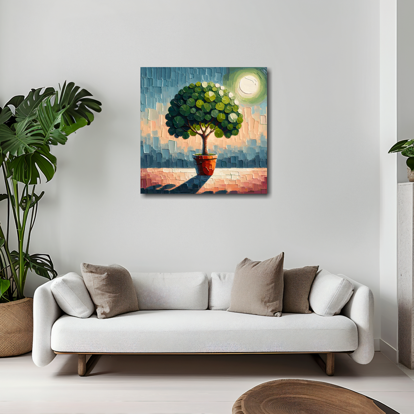 20 inch by 20 inch square canvas featuring a Fig Tree. Mounted on a white wall above a white sofa with decorative pillows.