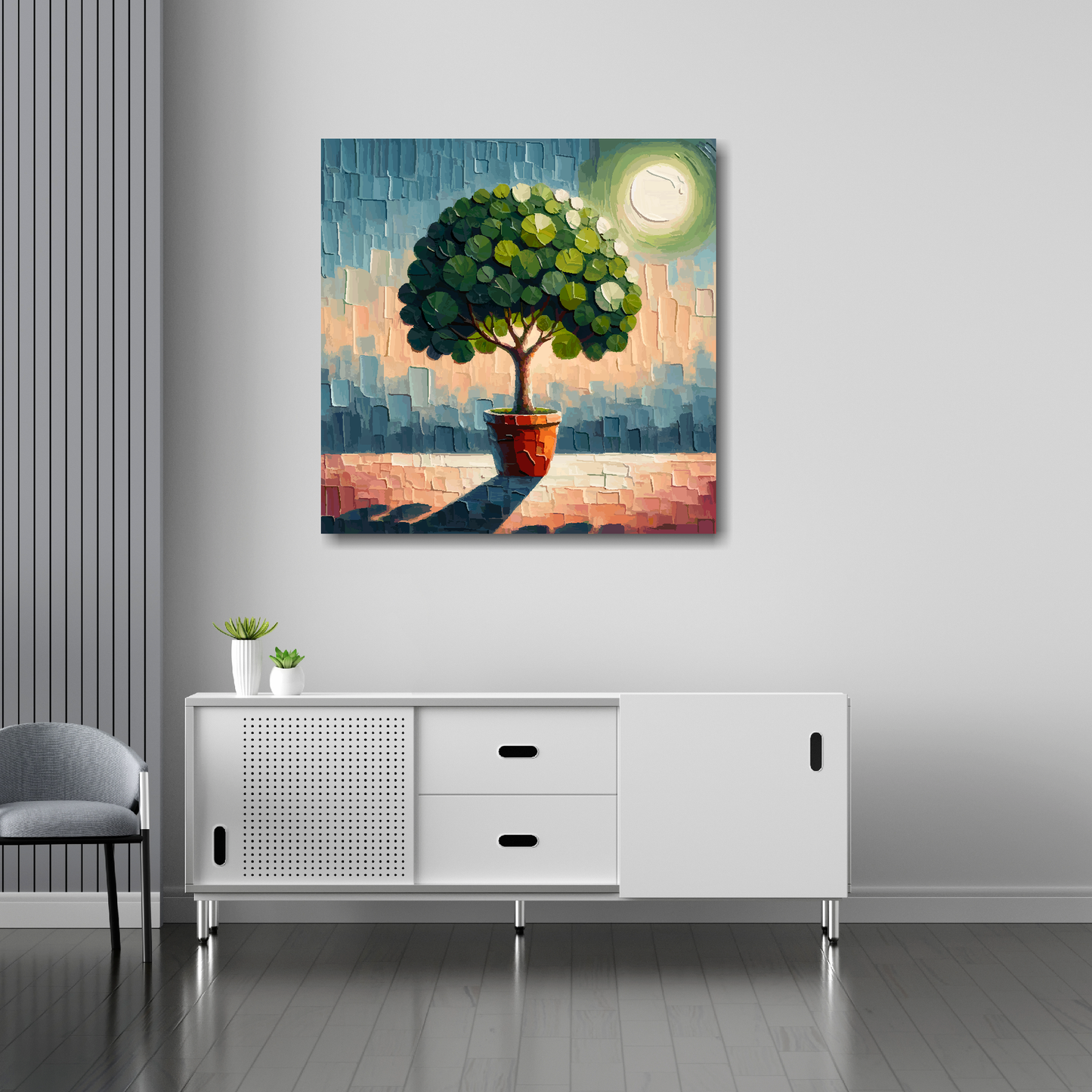30 inch by 30 inch square canvas featuring a Fig Tree. Mounted on a white wall above a white sideboard.