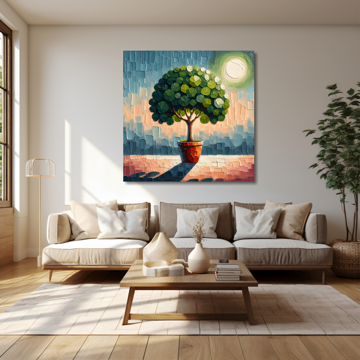 40 inch by 40 inch square canvas featuring a Fig Tree. Mounted on a cream wall above a cream sofa with decorative pillows.